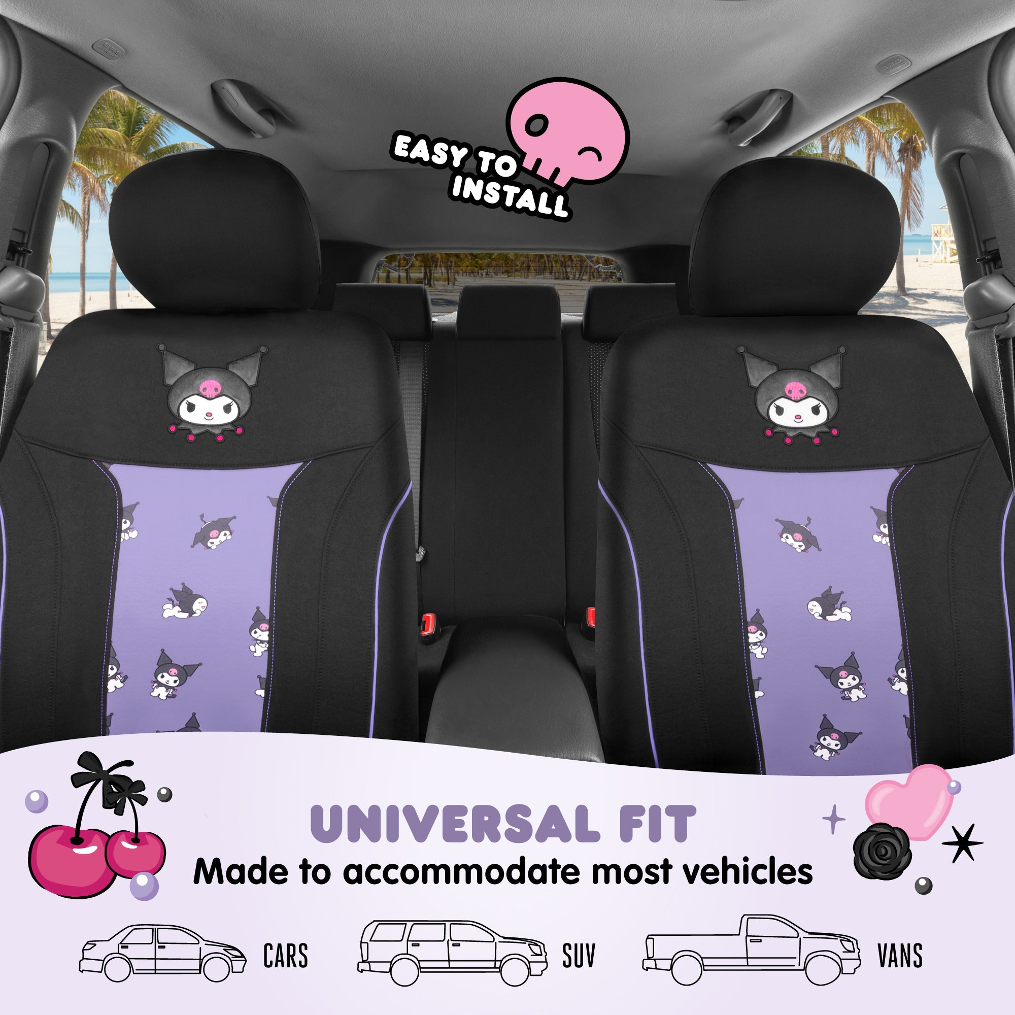 Hello Kitty Kuromi Car Seat Covers - Cute Black and Purple Front Seat Covers with Lavender Accents, Durable and Comfortable Polyester, Car Accessories Hello Kitty Accessories 2pc