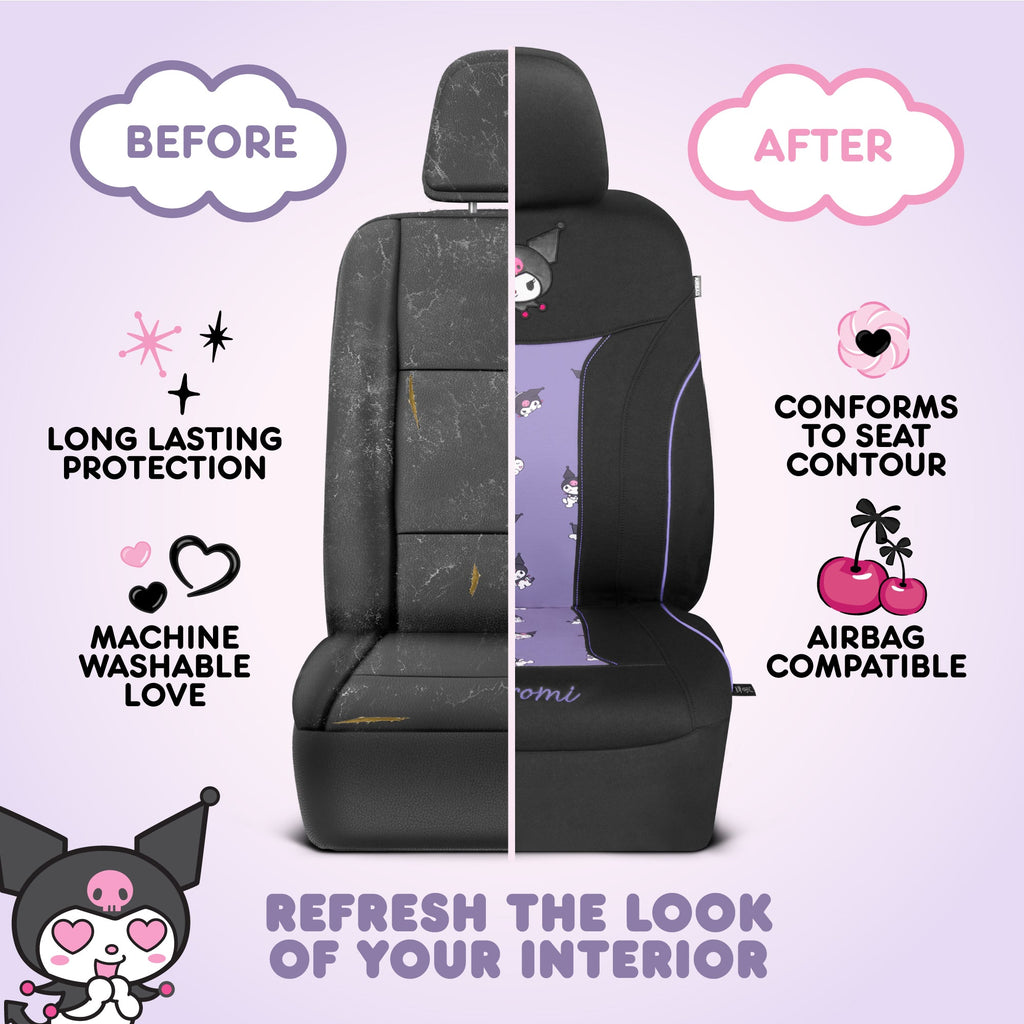 Hello Kitty Kuromi Car Seat Cover - Cute Black and Purple Front Seat Cover with Lavender Accents, Durable and Comfortable Polyester, Car Accessories Hello Kitty Accessories 1pc