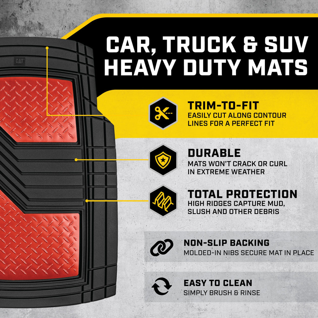 CAT 4-Piece Two-Tone Metallic-Look Front Floor Mats and Rear Floor Mats - Heavy Duty, All Weather, Trim to Fit