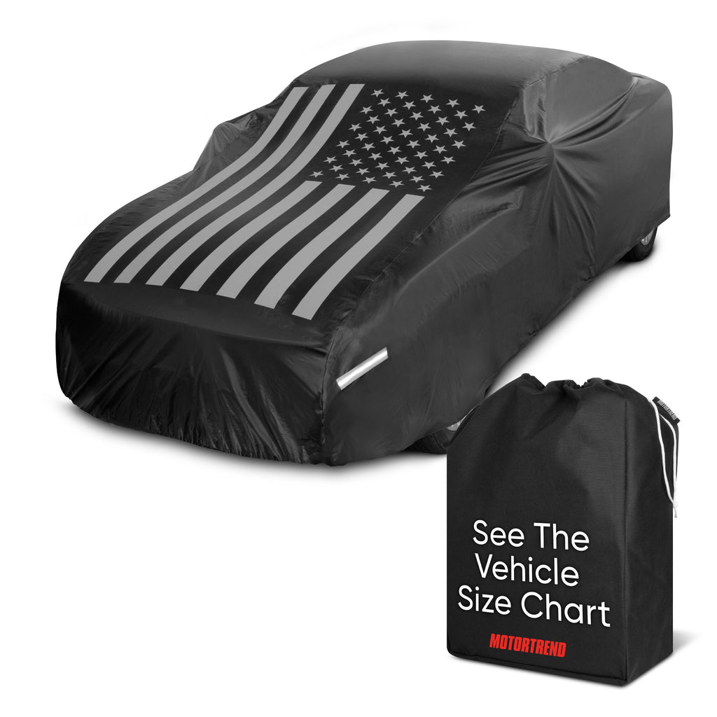 Motor Trend Black USA Flag Waterproof Car Cover - All Weather Outdoor Protection, UV Resistant, Windproof, Scratchproof - Semi-Universal Fit Sedan Full Car Cover for Sun Rain Snow (191"- 210" Length)