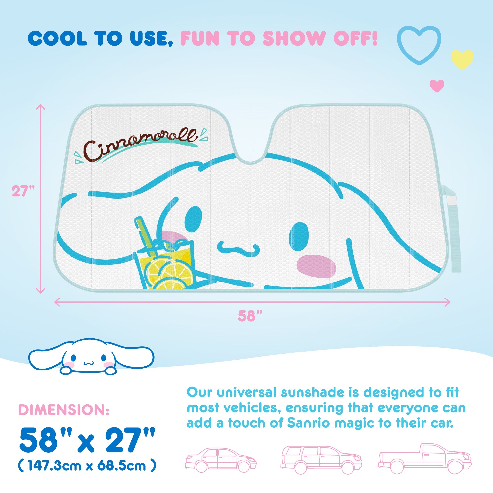 Carbella Sanrio Cinnamoroll Lemon Chill Front Windshield Sunshade (58" x 28")