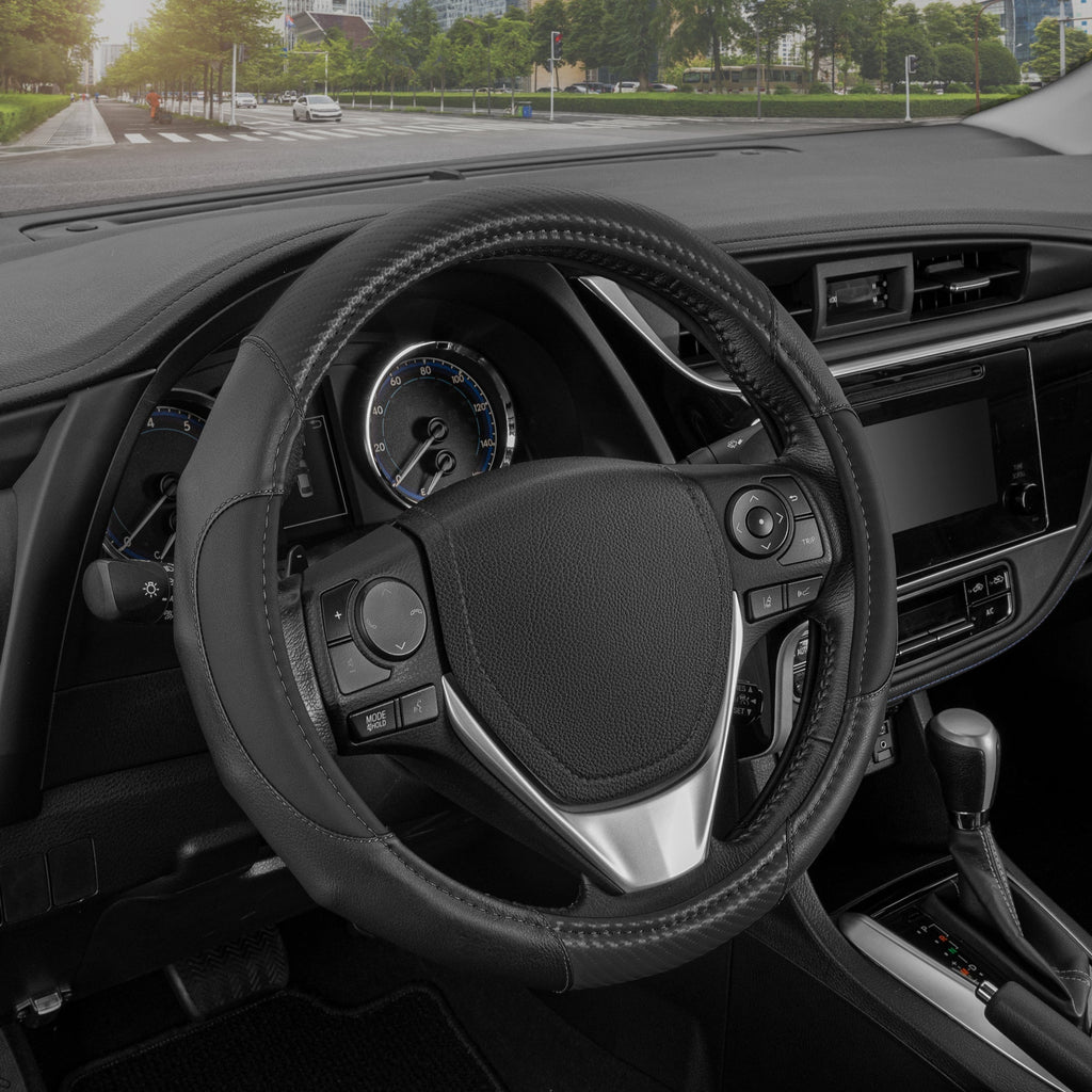 MotorTrend GripDrive Carbon Fiber Weave Ergonomic Grip Steering Wheel Cover (Fits 14.5" - 15.5")