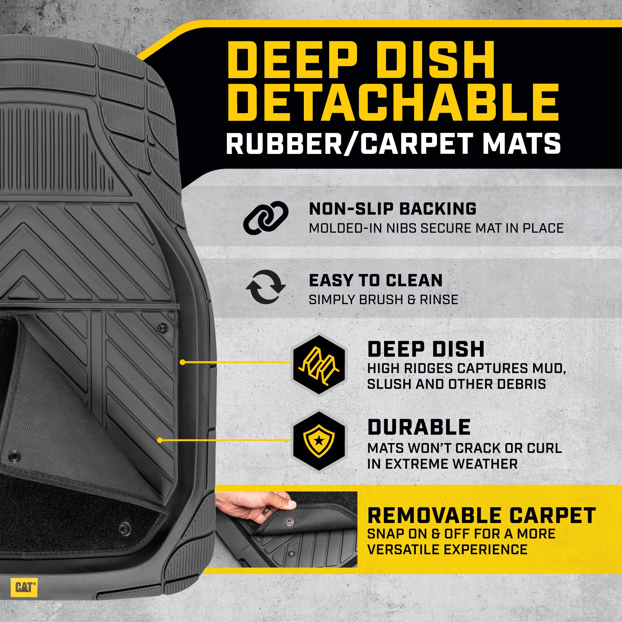 CAT 4-Piece Detachable Carpet Deep Dish Front Floor Mats and Rear Floor Mats - Heavy Duty, All Weather, Trim to Fit