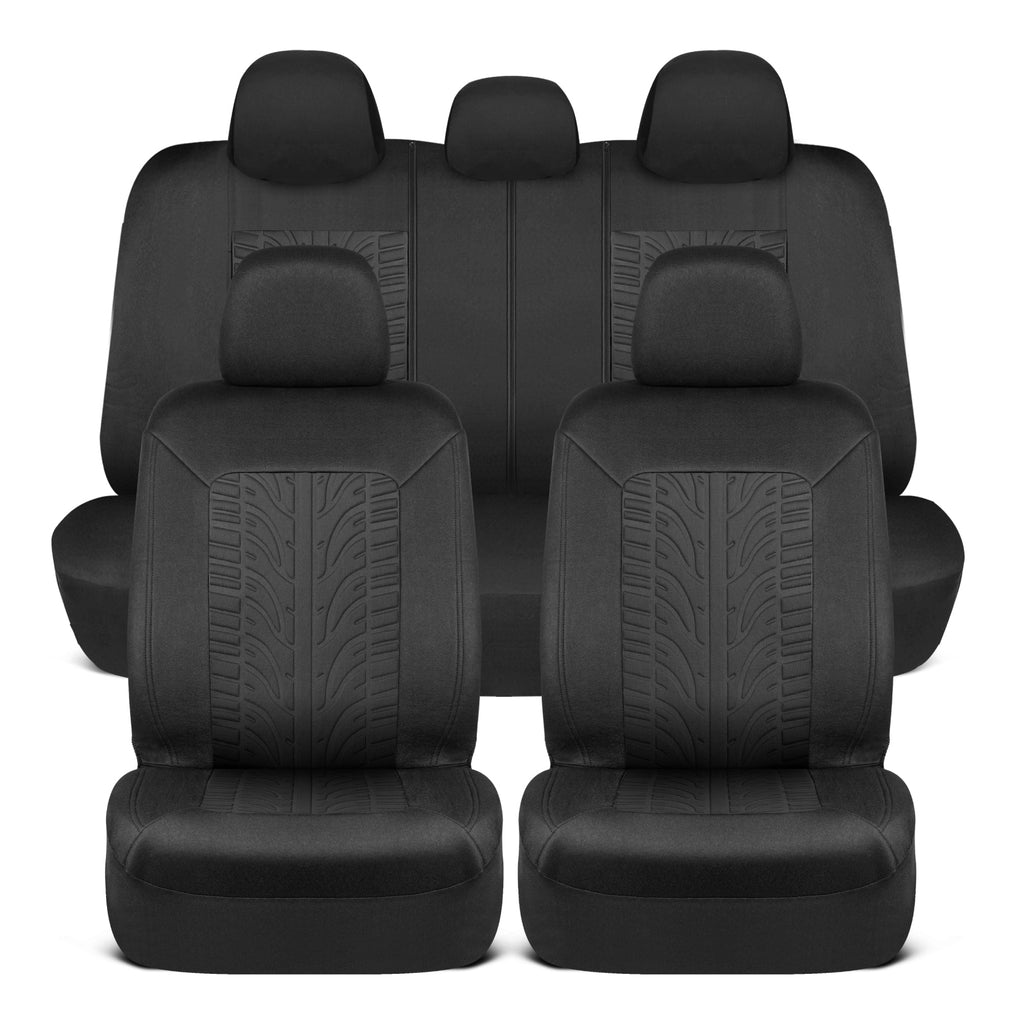 MotorTrend GrandPrix Tire Embossed Front Seat Covers and Rear Seat Covers - Black