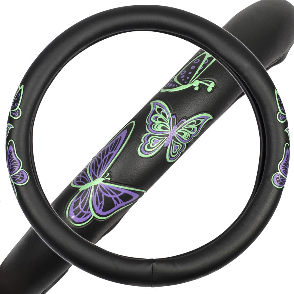 BDK GripGrab Comfort Grip Purple/Green Butterflies Steering Wheel Cover (Fits 14.5" 15.5")