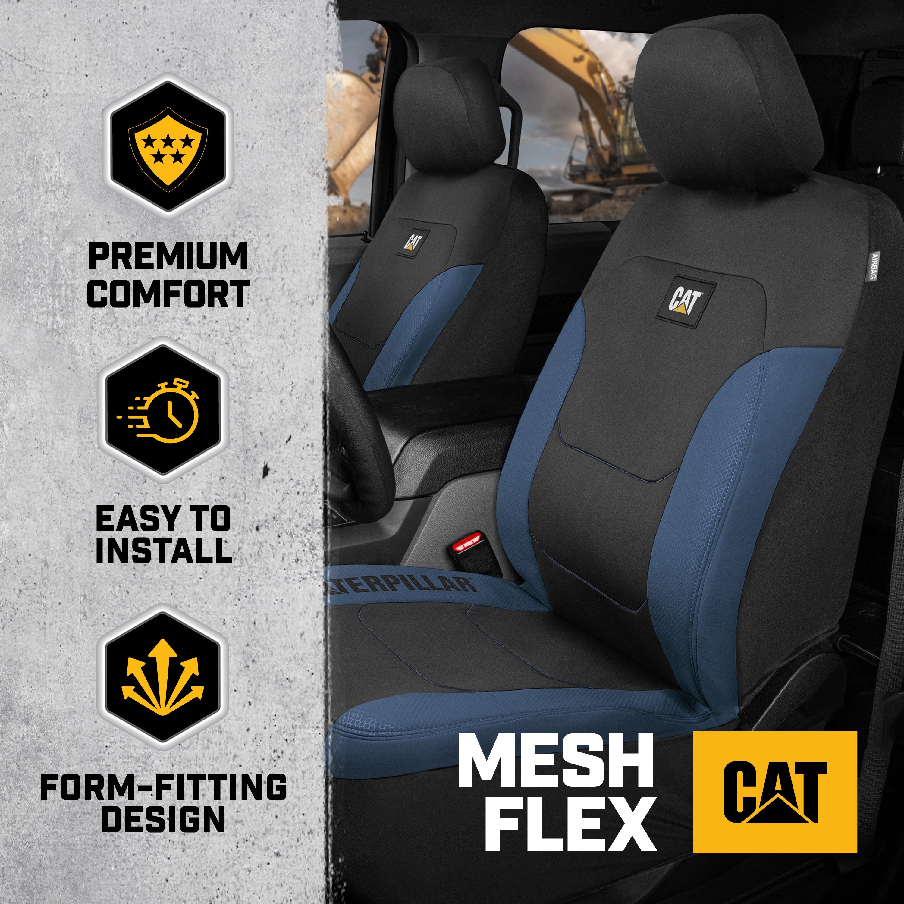 CAT FlexFit Black Blue Seat Covers for Cars, Trucks, & SUV - (2) Front Car Seat Cover Front Seat Protectors - Airbag Compatible Seat Covers for SUV Interior Covers & Truck Seat Cover Car Accessories