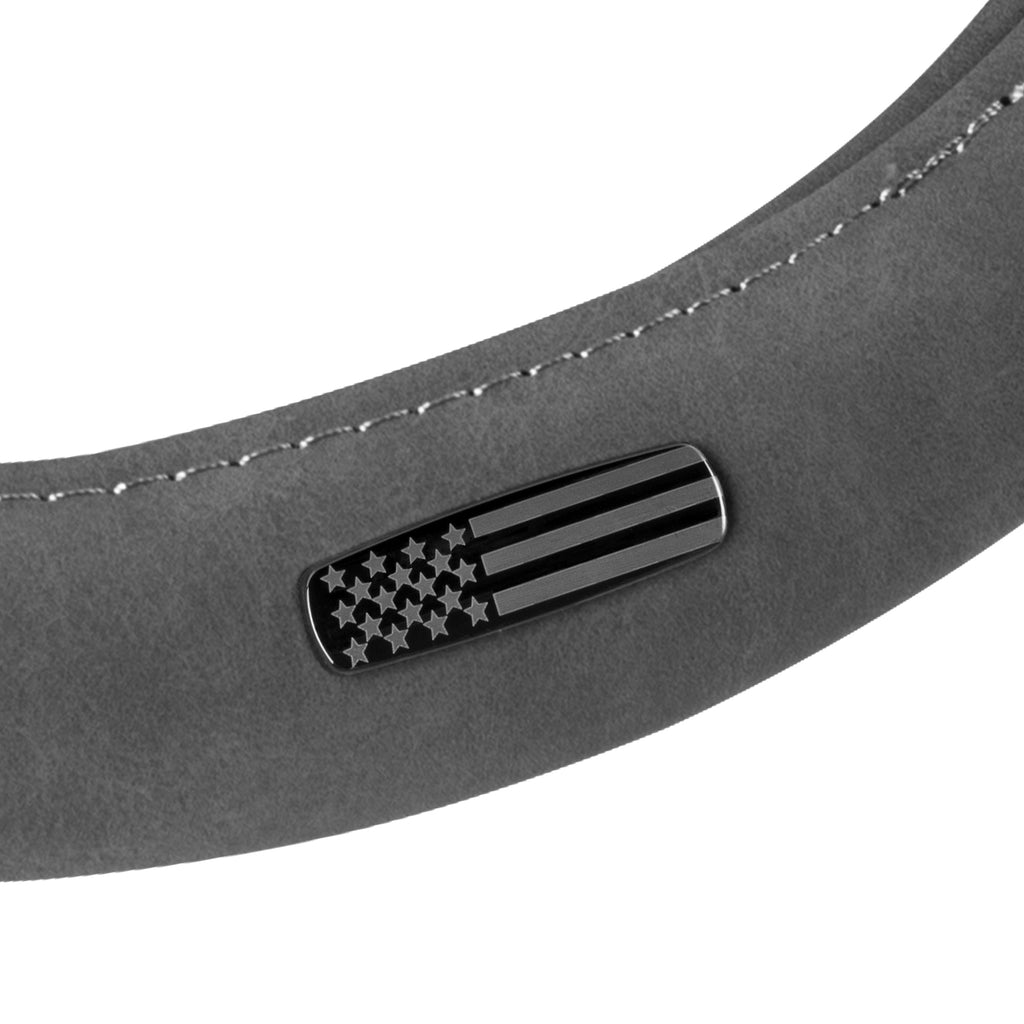 Cat® Honor Line Flux Leather Steering Wheel Cover w Metal Flag Emblem, Grey Leatherette, Standard 14.5–15.5 Inch, Non Slip Comfort, Car Steering Wheel Cover for Auto Truck SUV, Car Accessories