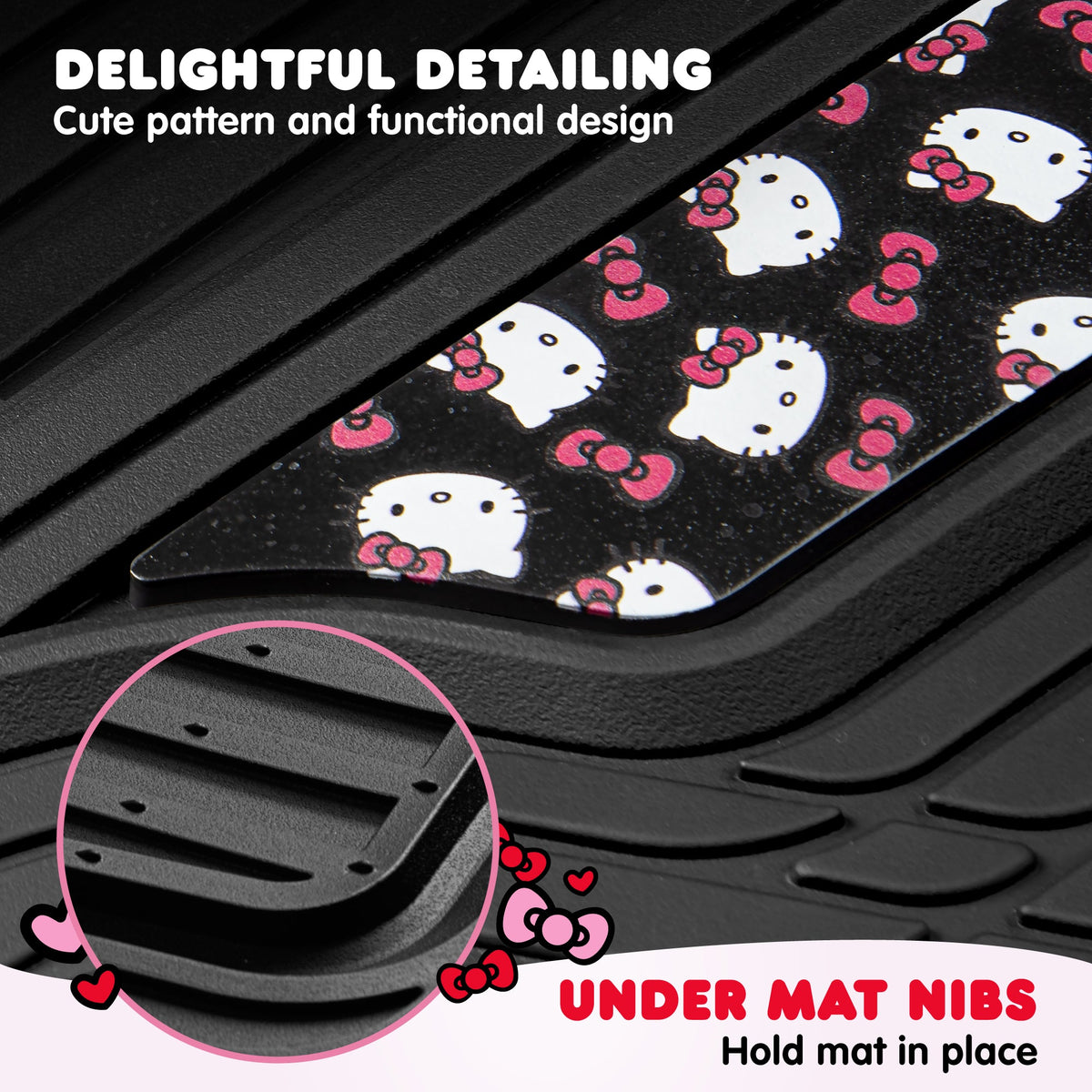 Hello Kitty Car Mats 4pc Floor Mats for Cars Trucks SUVs Kawaii Car Floor Mats for Women Men Accessories Rubber Heavy Duty Cute Non-Slip Always Front Rear Hello Kitty Car Accessories Classic Black with Red Bows