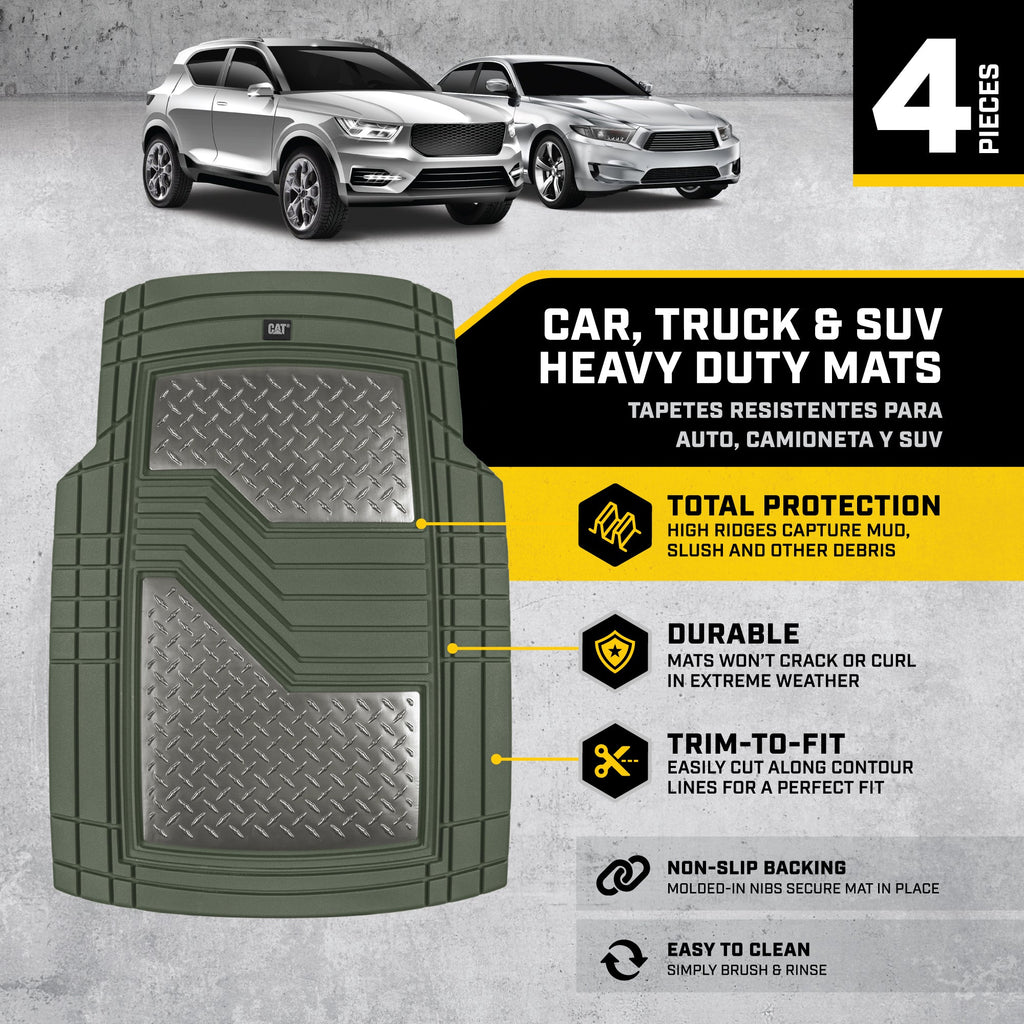 CAT 4-Piece Two-Tone Metallic-Look Front Floor Mats and Rear Floor Mats - Heavy Duty, All Weather, Trim to Fit