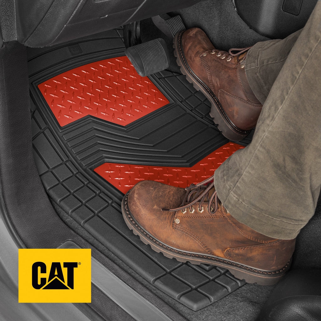 CAT 4-Piece Two-Tone Metallic-Look Front Floor Mats and Rear Floor Mats - Heavy Duty, All Weather, Trim to Fit
