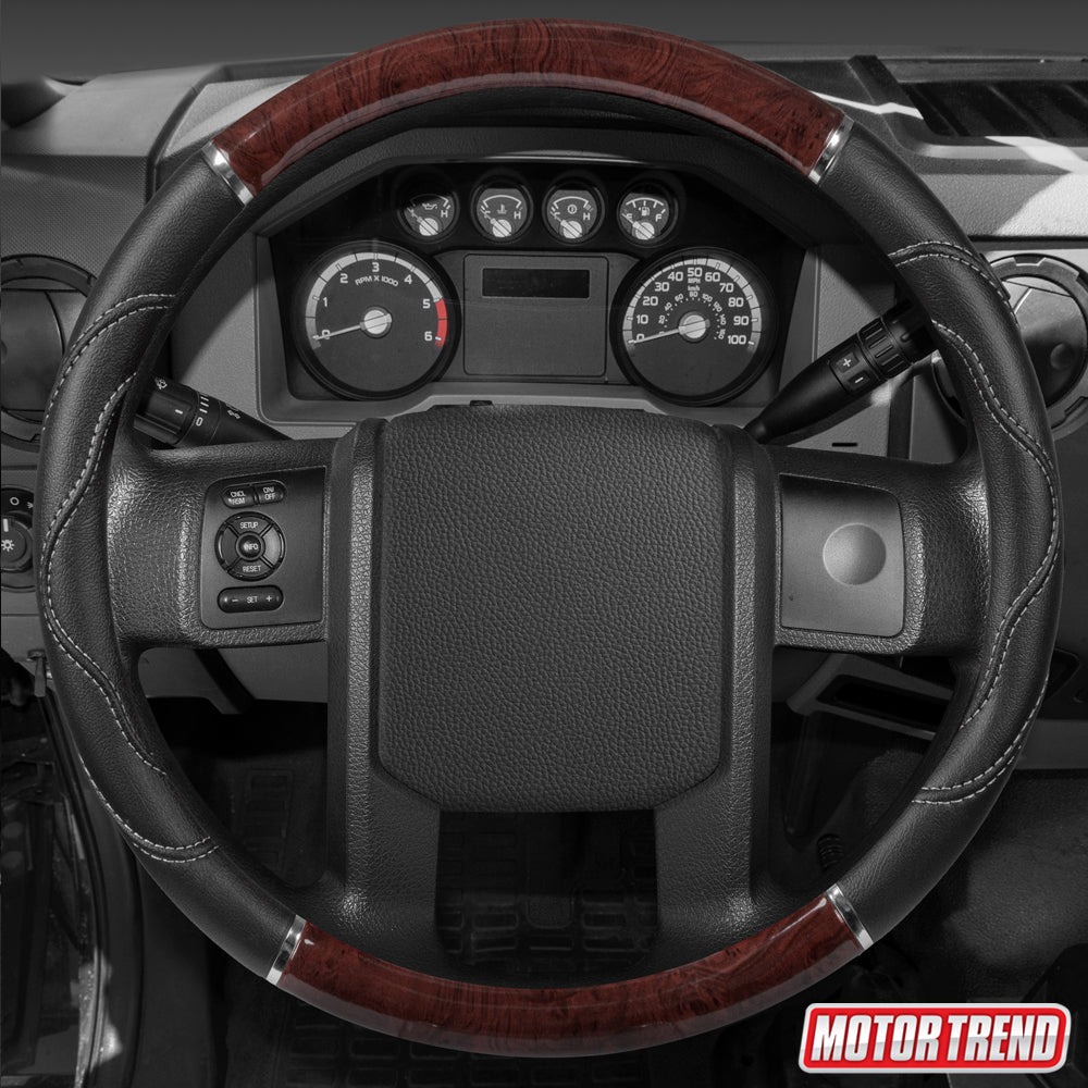MotorTrend Wood Grain Soft Leather Grip Steering Wheel for Big Rigs, Trailers, Trucks (Fits 18") - Dark Cherry Wood