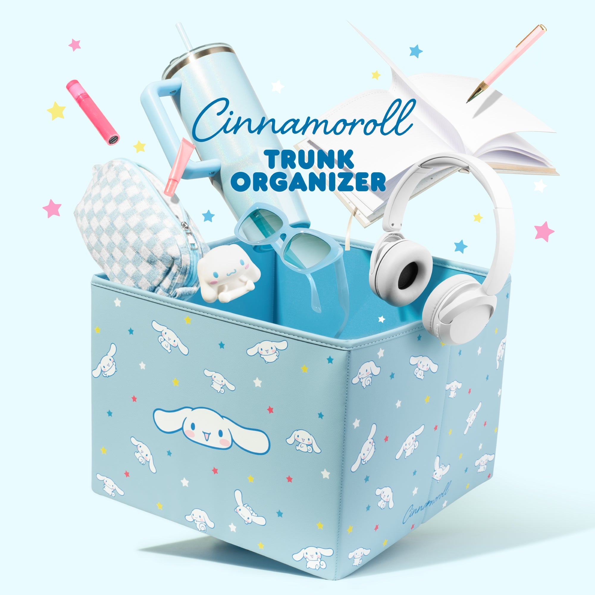 Sanrio Cinnamoroll Car Trunk Organizer and Storage Bin - Collapsible Compartment, Heavy Duty, Fold Up for Easy Storage, Automotive Seat Cargo for Groceries Tools - 12.5L x 12.5W x 9H