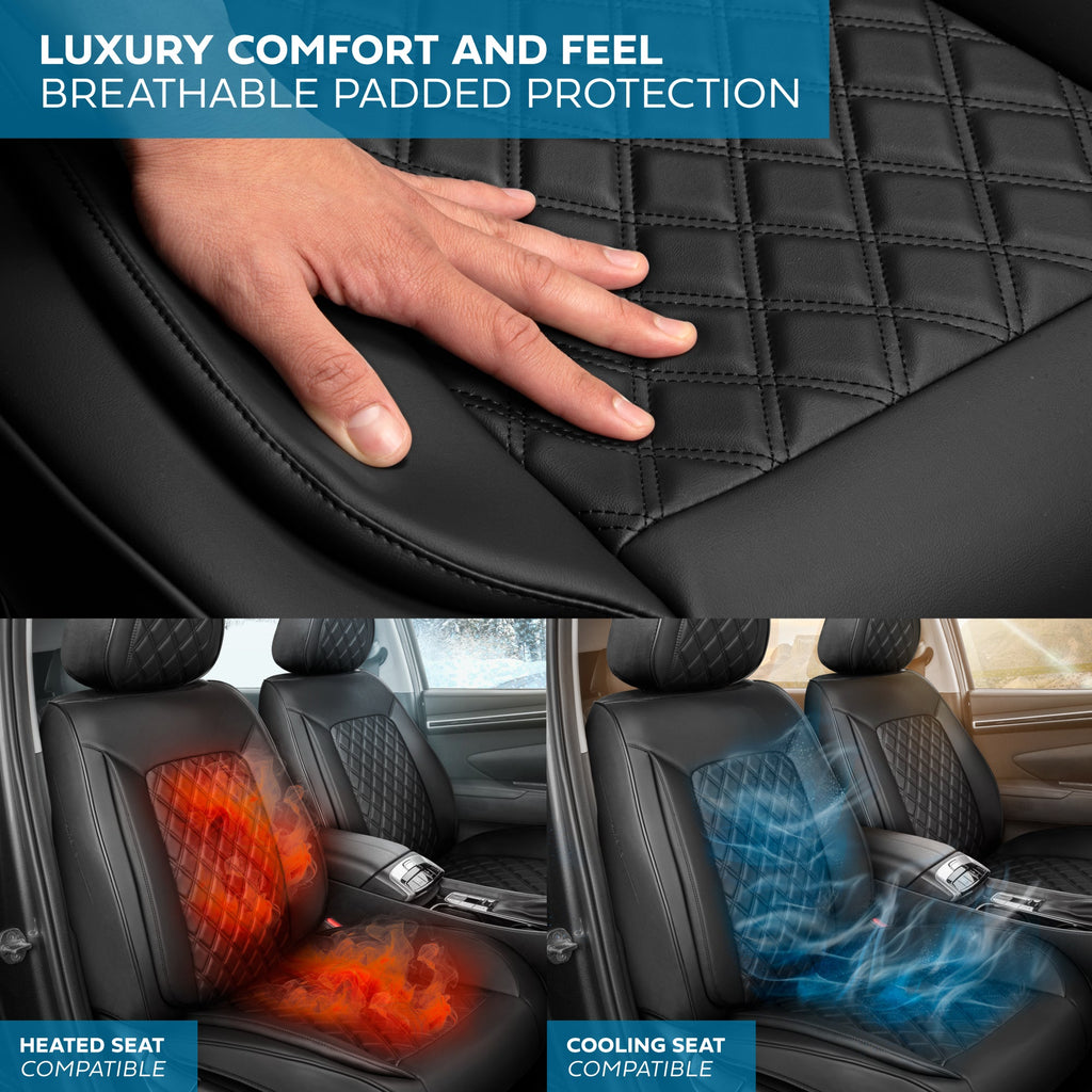 MotorBox Elite Edition Faux Leather Seat Covers for Cars, Trucks, & SUV - 2 Black Car Seat Covers for Front Seats - Universal Fit Car Accessories Automotive Interior Cover Protector for Most Vehicles