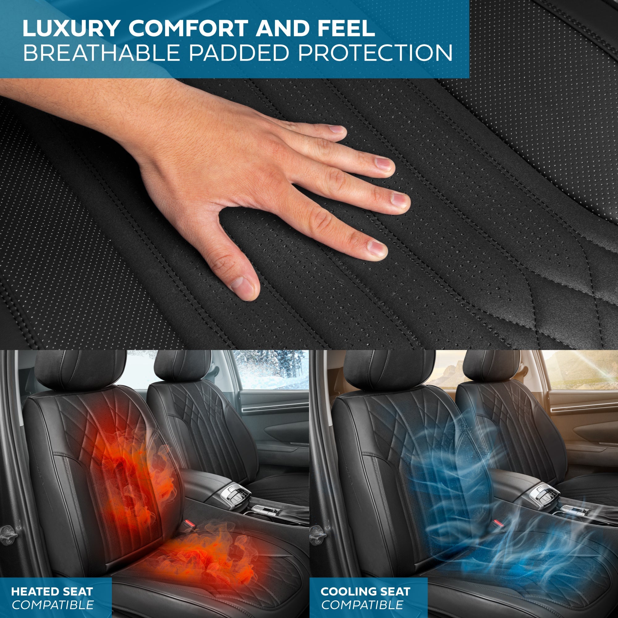MotorBox Elite Edition Faux Leather & Suede Seat Covers for Cars, Trucks, & SUV - 2 Black Car Seat Covers for Front Seats - Universal Fit Car Accessories Automotive Interior Cover Protector for Cars