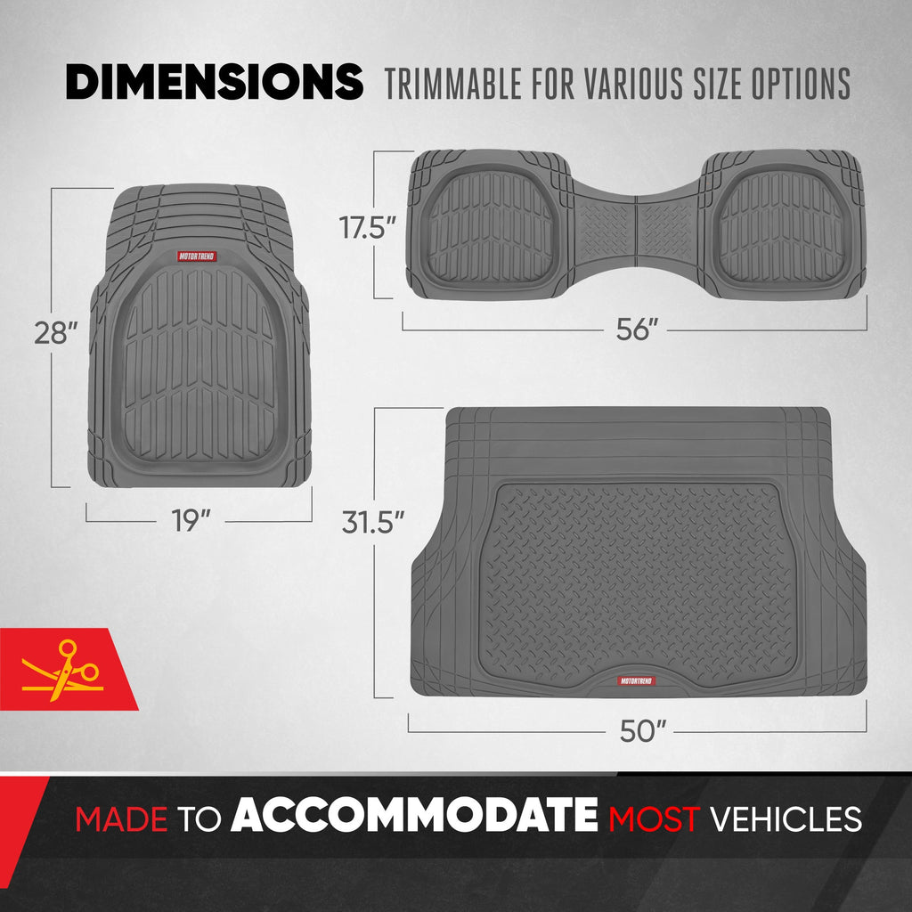 MotorTrend 4-Piece FlexTough Deep Dish Front Floor Mats, Rear Floor Mat, and Trunk/Cargo Mat - Heavy Duty, All Weather, Trim to Fit