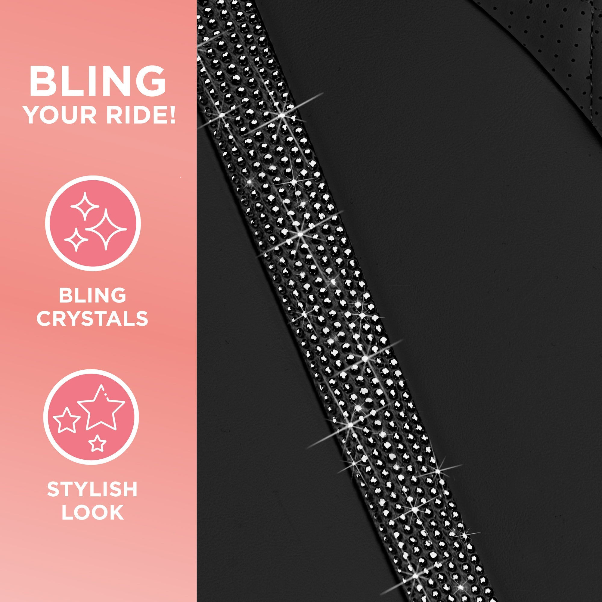 BlingStitch™ Car Seat Covers for Front Seats - Luxurious Vegan Leather Seat Covers for Cars with Black Bling Crystals, Premium Automotive Seat Covers for SUV, Trucks, Car Bling Luxury