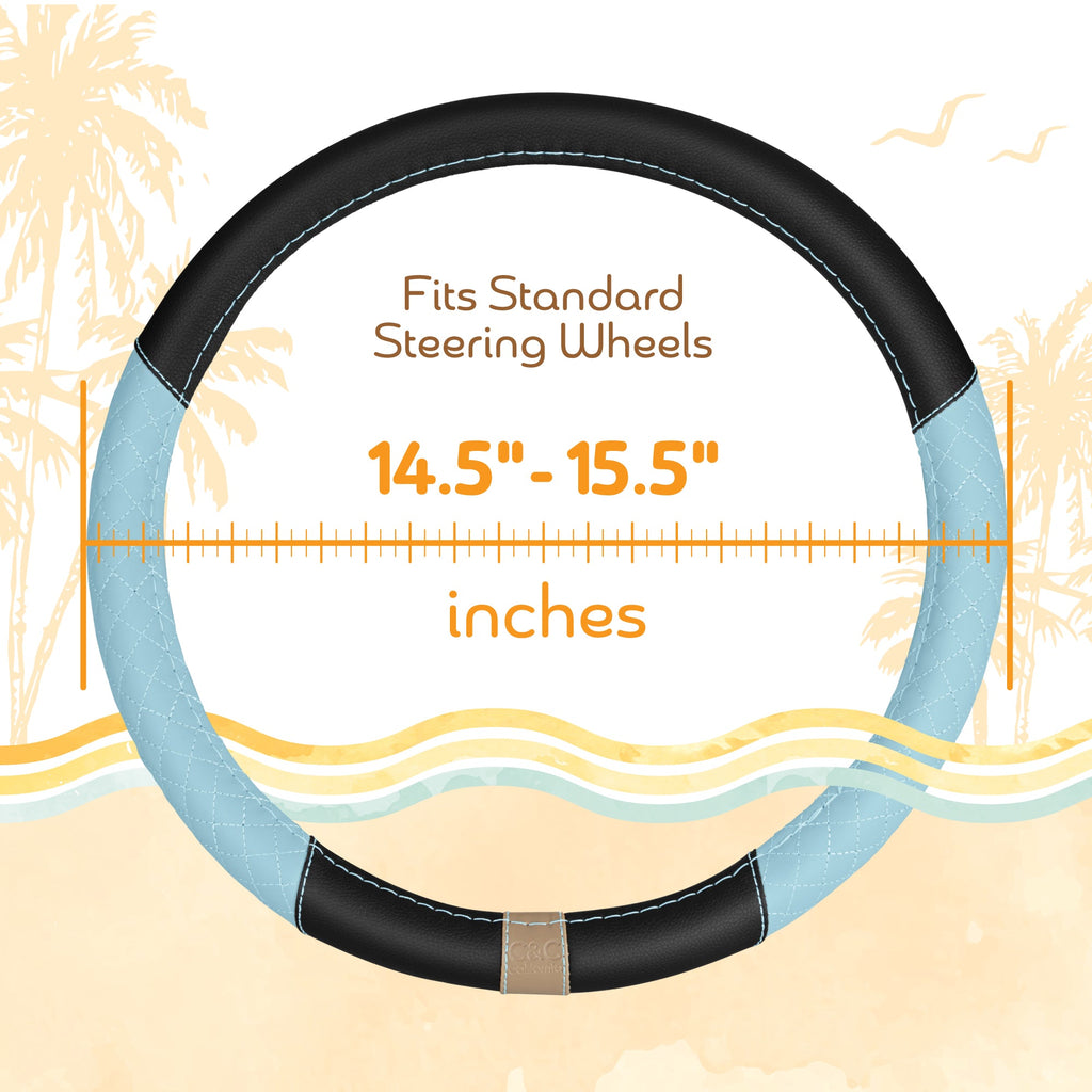 C&C California Car Steering Wheel Cover Blue Diamond Quilt, Non Slip Leather Steering Wheel Cover for Women Men, Cute Comfortable Soft Easy Installation Universal Fit (Fits 14.5"-15.5" Inches)