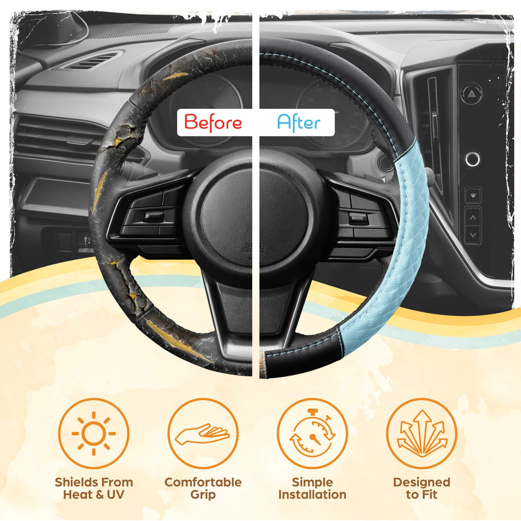 C&C California Car Steering Wheel Cover Blue Diamond Quilt, Non Slip Leather Steering Wheel Cover for Women Men, Cute Comfortable Soft Easy Installation Universal Fit (Fits 14.5"-15.5" Inches)