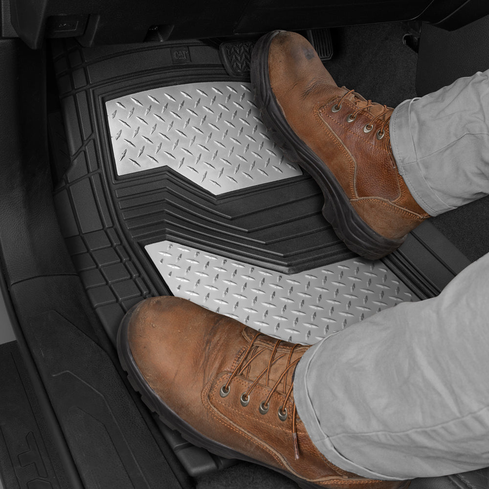CAT 4-Piece Two-Tone Metallic-Look Front Floor Mats and Rear Floor Mats - Heavy Duty, All Weather, Trim to Fit