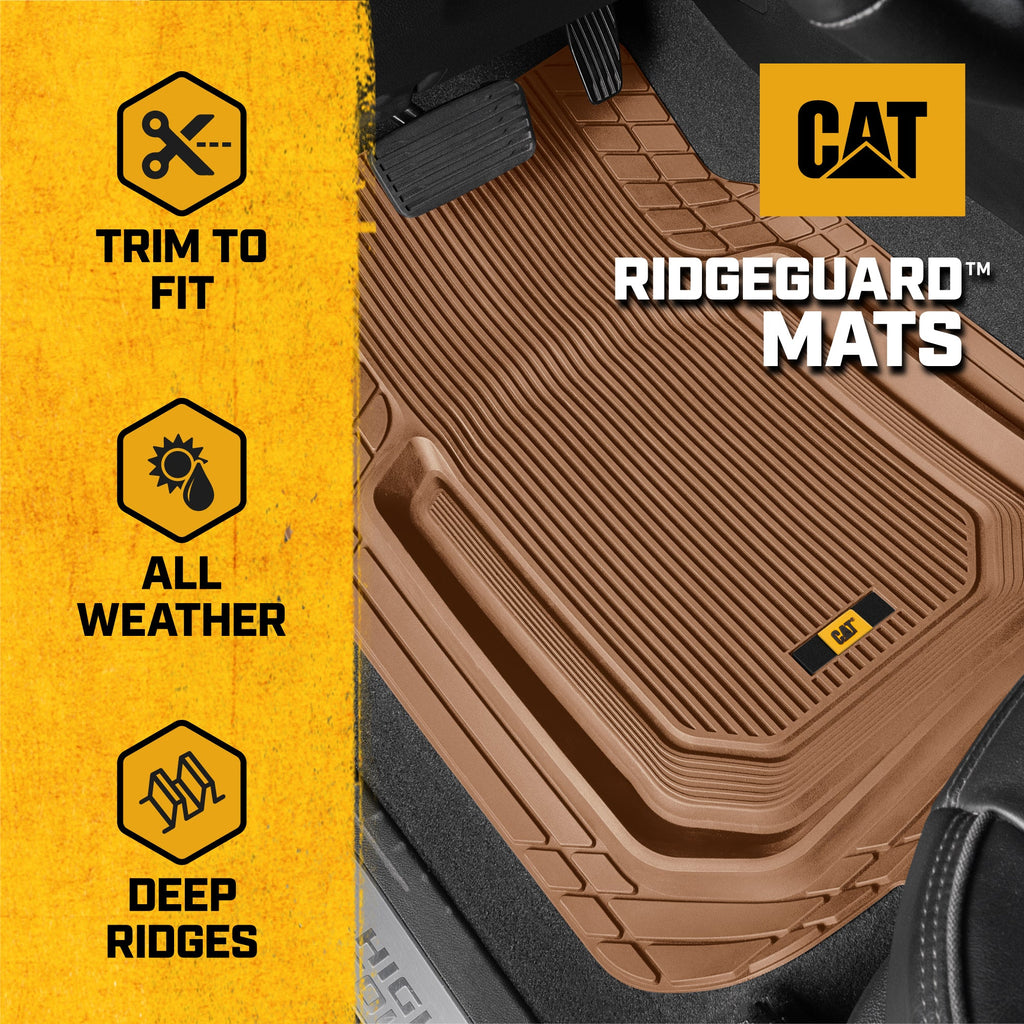 Cat® TerrainGuard™ Heavy-Duty 3-Piece All-Weather Rubber Floor Mats for Car, Truck, SUV, Van - Trim-to-Fit Deep Dish Automotive Floor Liners, Maximum Dirt & Water Protection, Universal Fit, Beige