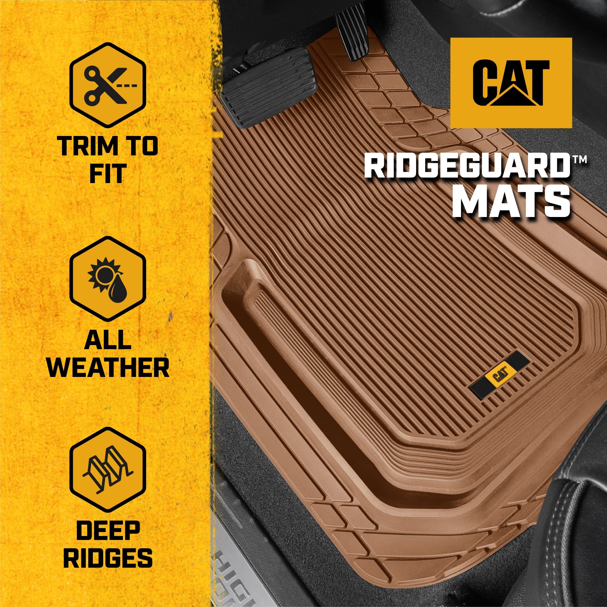 Cat® TerrainGuard™ Heavy-Duty 3-Piece All-Weather Rubber Floor Mats for Car, Truck, SUV, Van - Trim-to-Fit Deep Dish Automotive Floor Liners, Maximum Dirt & Water Protection, Universal Fit, Beige