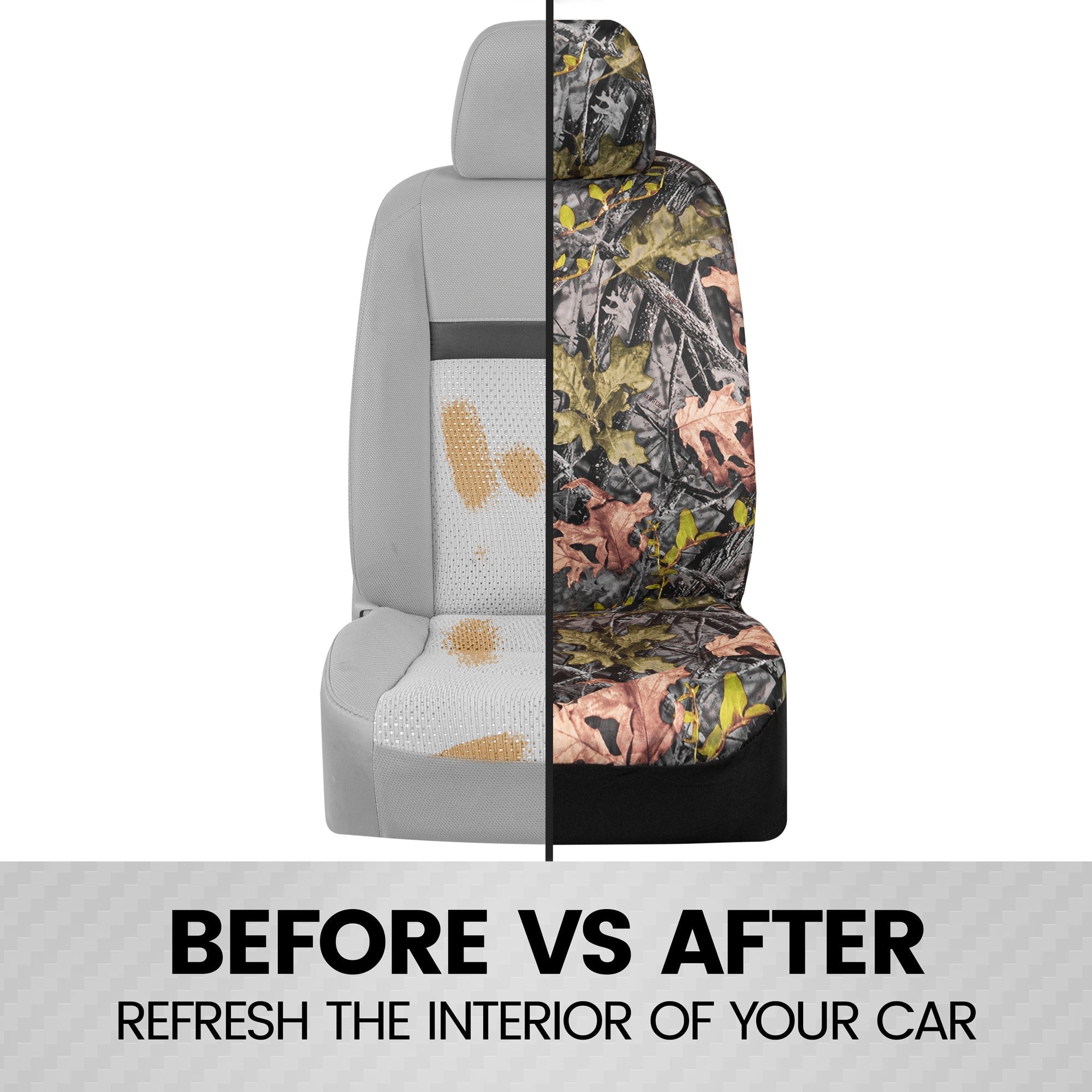 BDK Camo Car Seat Covers Full Set with Camo Car Floor Mats – Complete Interior Protection Set, Realistic Green Forest Camouflage Pattern, Camoflauge Interior Accessories for Auto Truck Van & SUV
