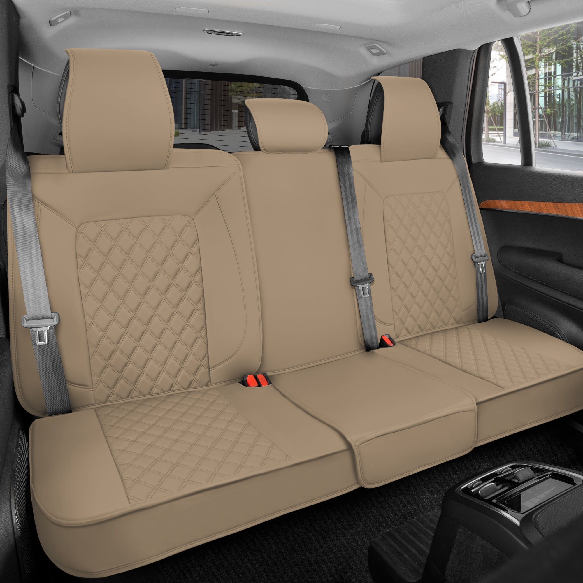 MotorBox Premium Napa Leather Rear Seat Cover - Semi Universal Fit for Most Cars, Truck & SUV - Beige Back Seat Protector - Anti-Slip, Durable Bench Cover - Easy Install, Luxury Car Interior Upgrade
