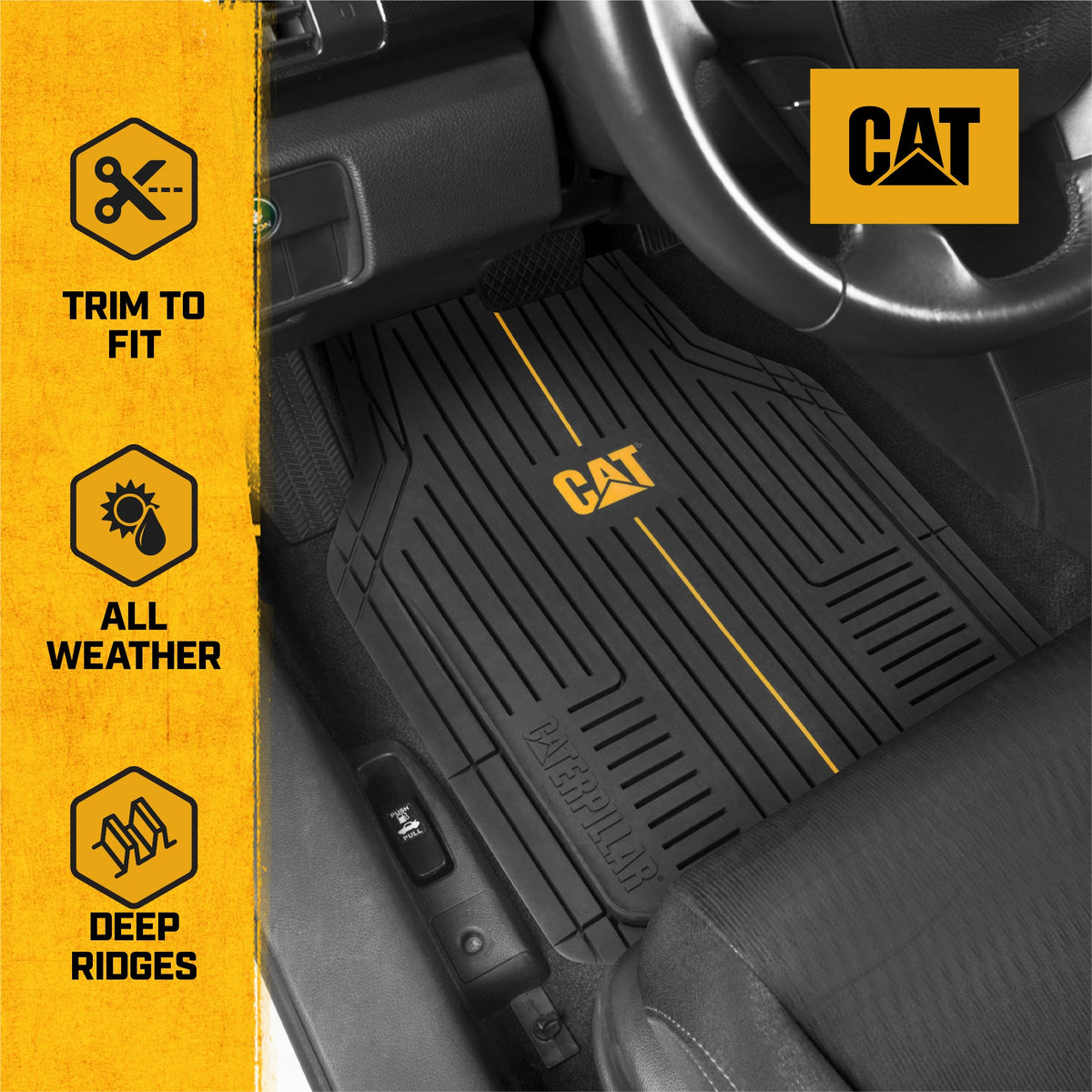 CAT® Heavy-Duty 4 Piece Black Floor Mats for Cars, Trucks & SUVs – Trim-to-Fit All-Weather Rubber Car Mats Full Set, Waterproof Interior Accessories, Car Rug Protection & Automotive Floor Liners