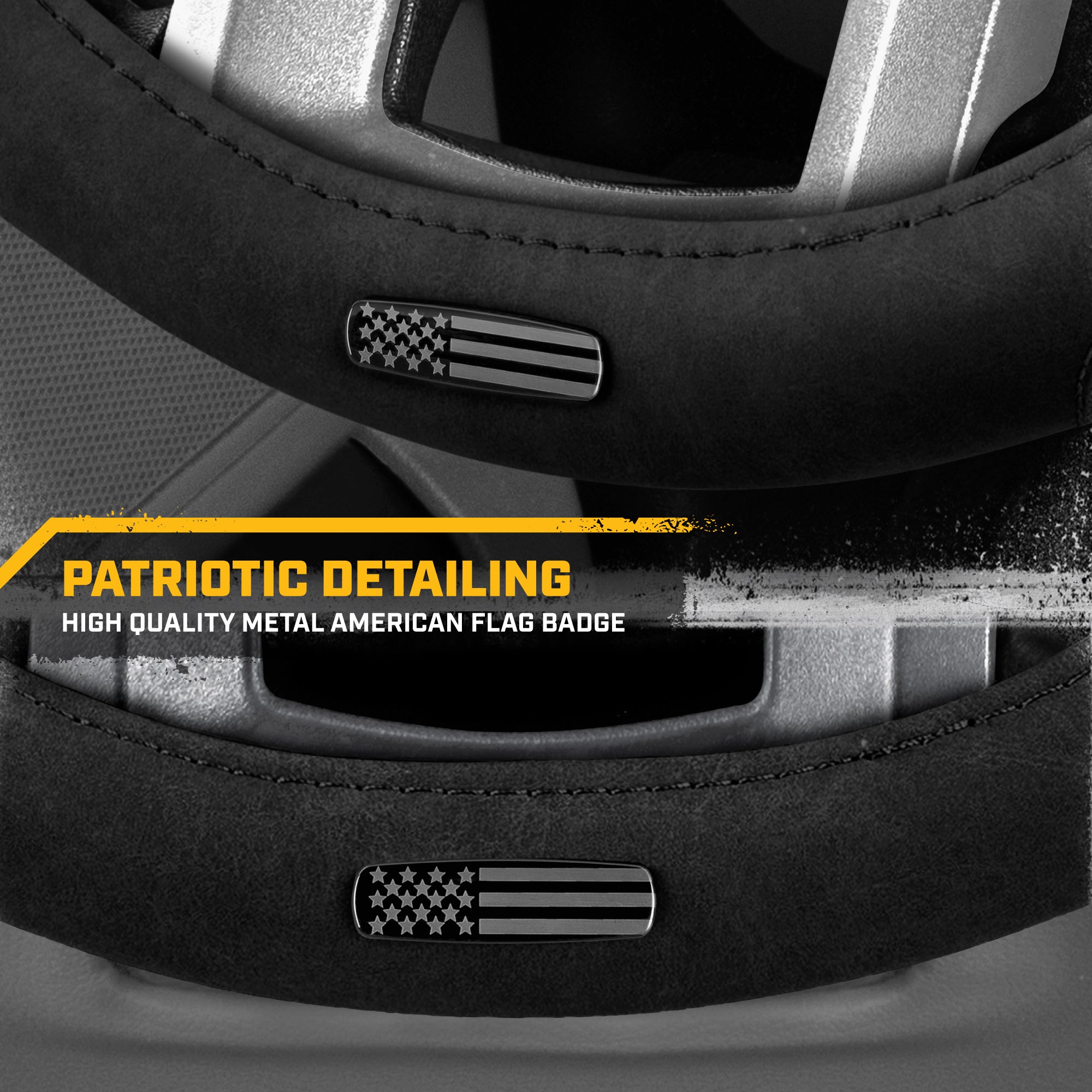 Cat® Honor Line Flux Leather Steering Wheel Cover w Metal Flag Emblem, Black Leatherette, Standard 14.5–15.5 Inch, Non Slip Comfort, Car Steering Wheel Cover for Auto Truck SUV, Car Accessories