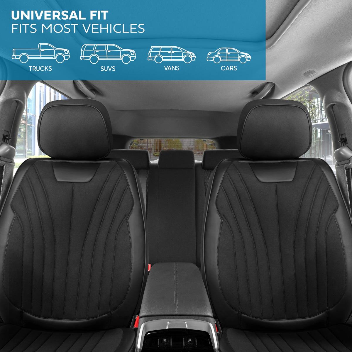 MotorBox Elite Edition Faux Leather & Suede Seat Covers for Cars, Trucks, & SUV - 2 Black Car Seat Covers for Front Seats - Universal Fit Car Accessories Automotive Interior Cover Protector for Cars