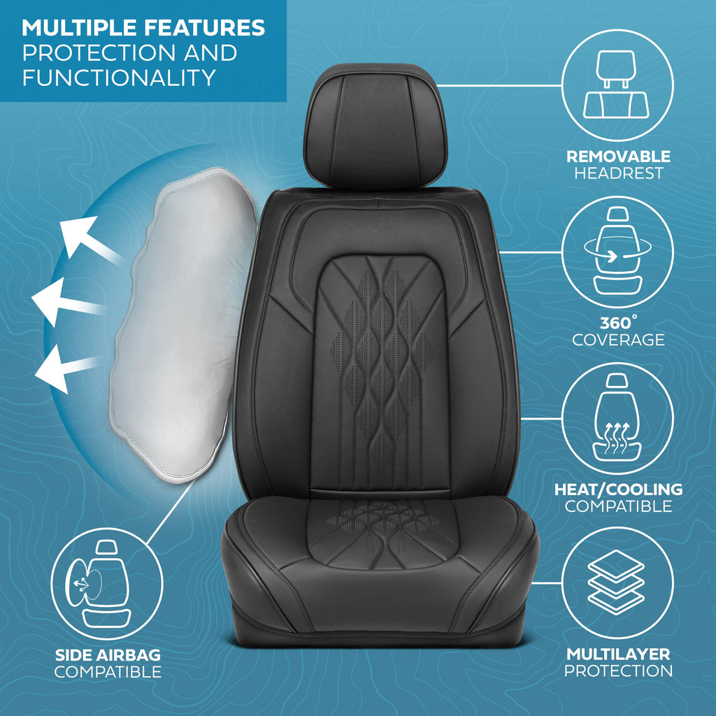MotorBox Elite Edition Faux Leather Seat Covers for Cars, Trucks, & SUV - 2 Black Car Seat Covers for Front Seats - Universal Fit Car Accessories Automotive Interior Cover Protector for Most Vehicles