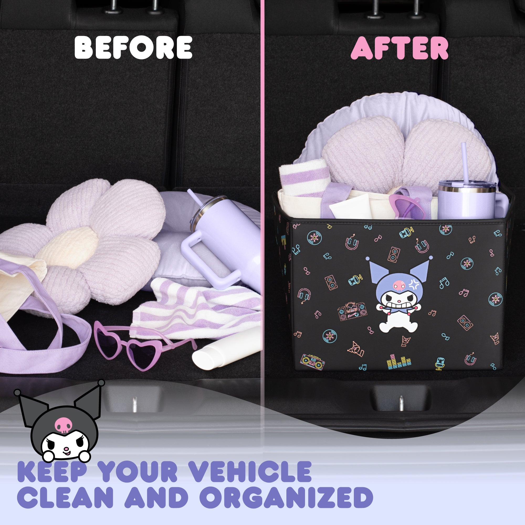 Sanrio Kuromi Car Trunk Organizer and Storage Bin - Collapsible Compartment, Heavy Duty, Fold Up for Easy Storage, Automotive Seat Cargo for Groceries Tools - 12.5L x 12.5W x 9H