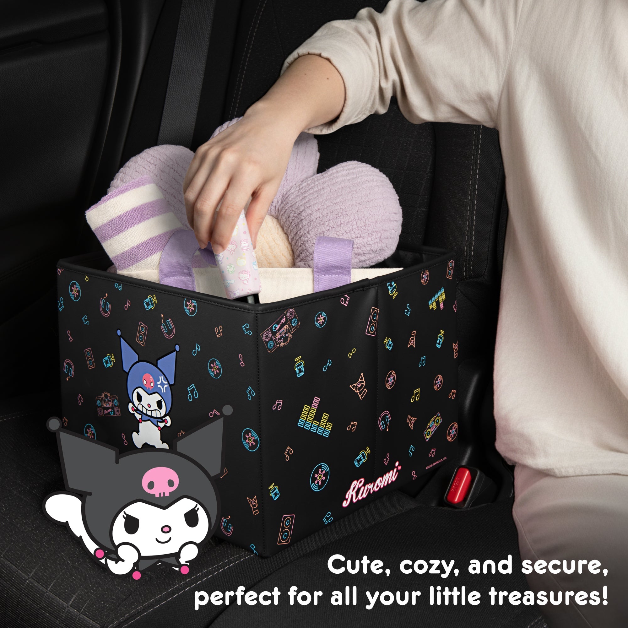 Sanrio Kuromi Car Trunk Organizer and Storage Bin - Collapsible Compartment, Heavy Duty, Fold Up for Easy Storage, Automotive Seat Cargo for Groceries Tools - 12.5L x 12.5W x 9H