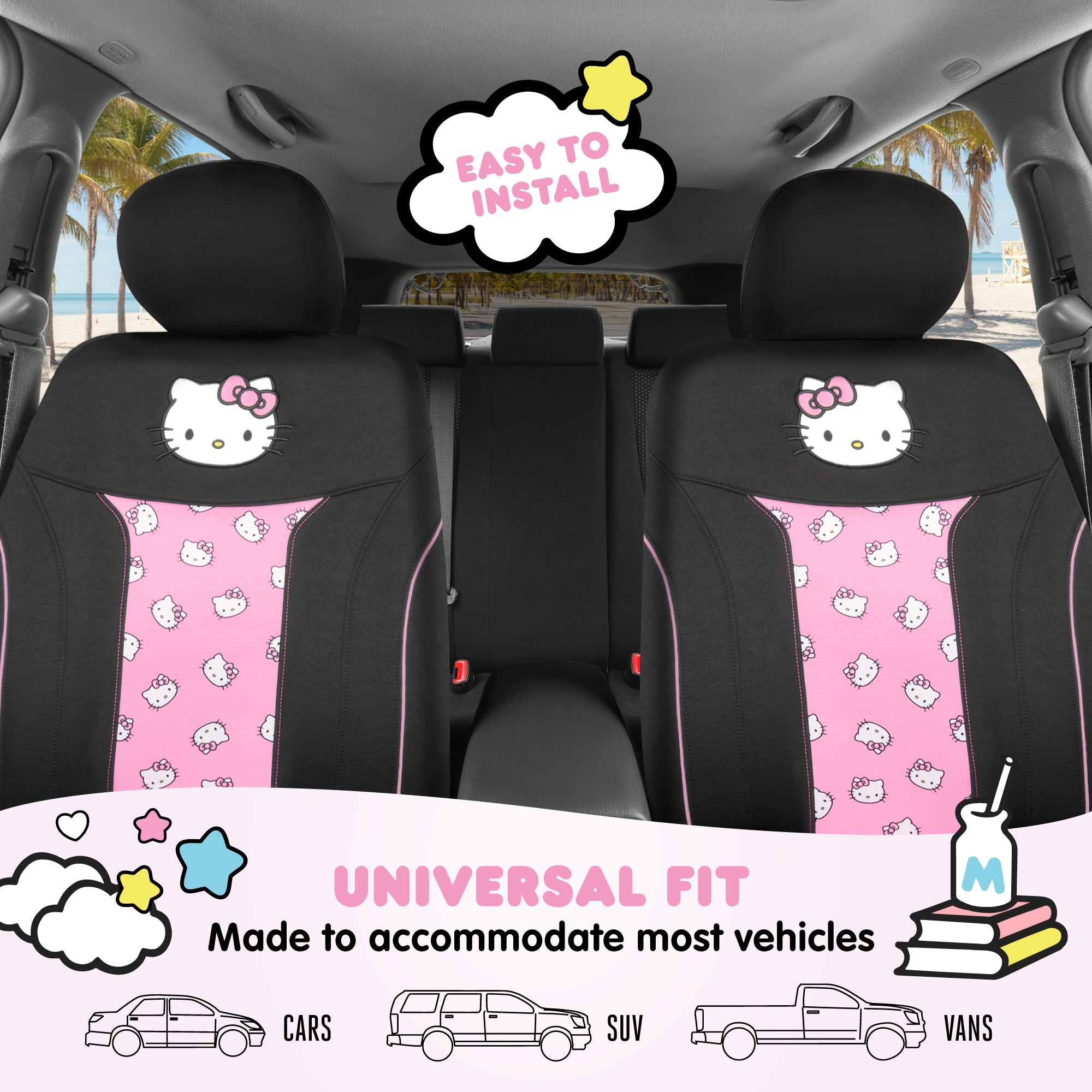 Hello Kitty Car Seat Covers - Cute and Durable Pink Front Seat Covers, Adorable Hello Kitty Design, Comfortable and Long-Lasting Polyester, Car Accessories Gift Hello Kitty Accessories 2pc Black/Pink