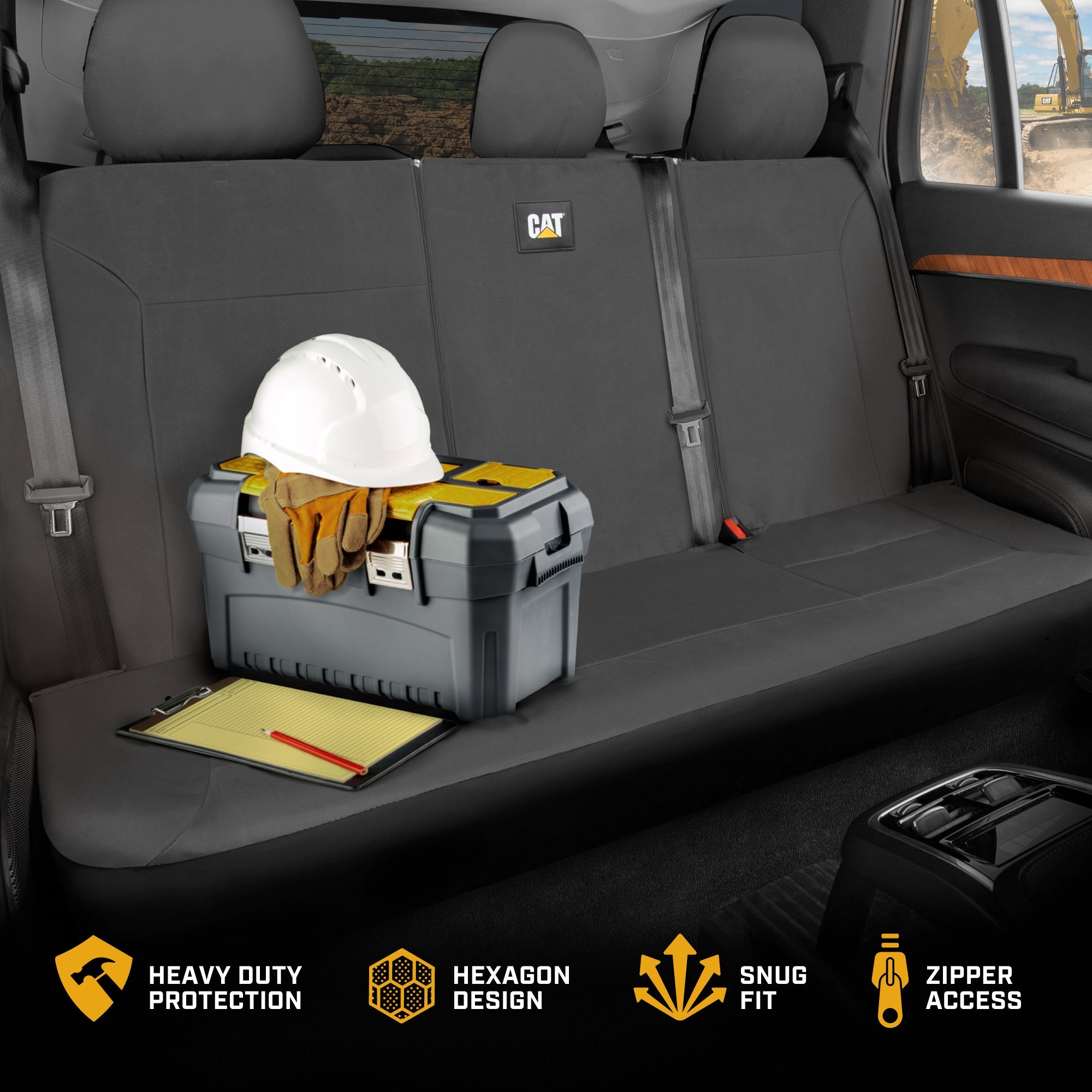 CAT Gray Rear Seat Cover for Trucks, Cars & SUVs - Heavy-Duty Oxford Canvas - 60/40 Split Bench Protector - Durable Back Seat Cover for Work Trucks, Pets, Travel - Car & Truck Interior Accessory