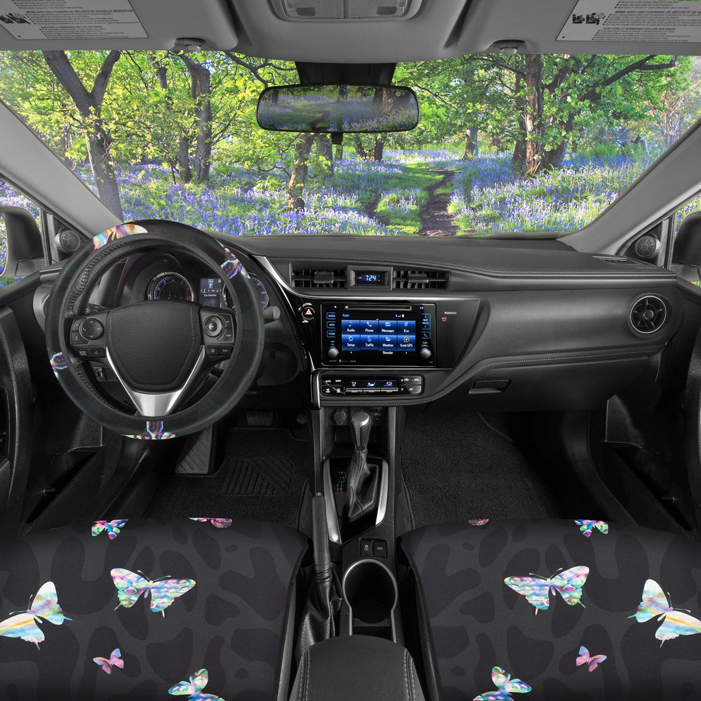 Carbella 3-Piece Colorful Butterflies with Black Leopard Background Front Seat Covers and Steering Wheel Cover (Fits 14.5" - 15.5")