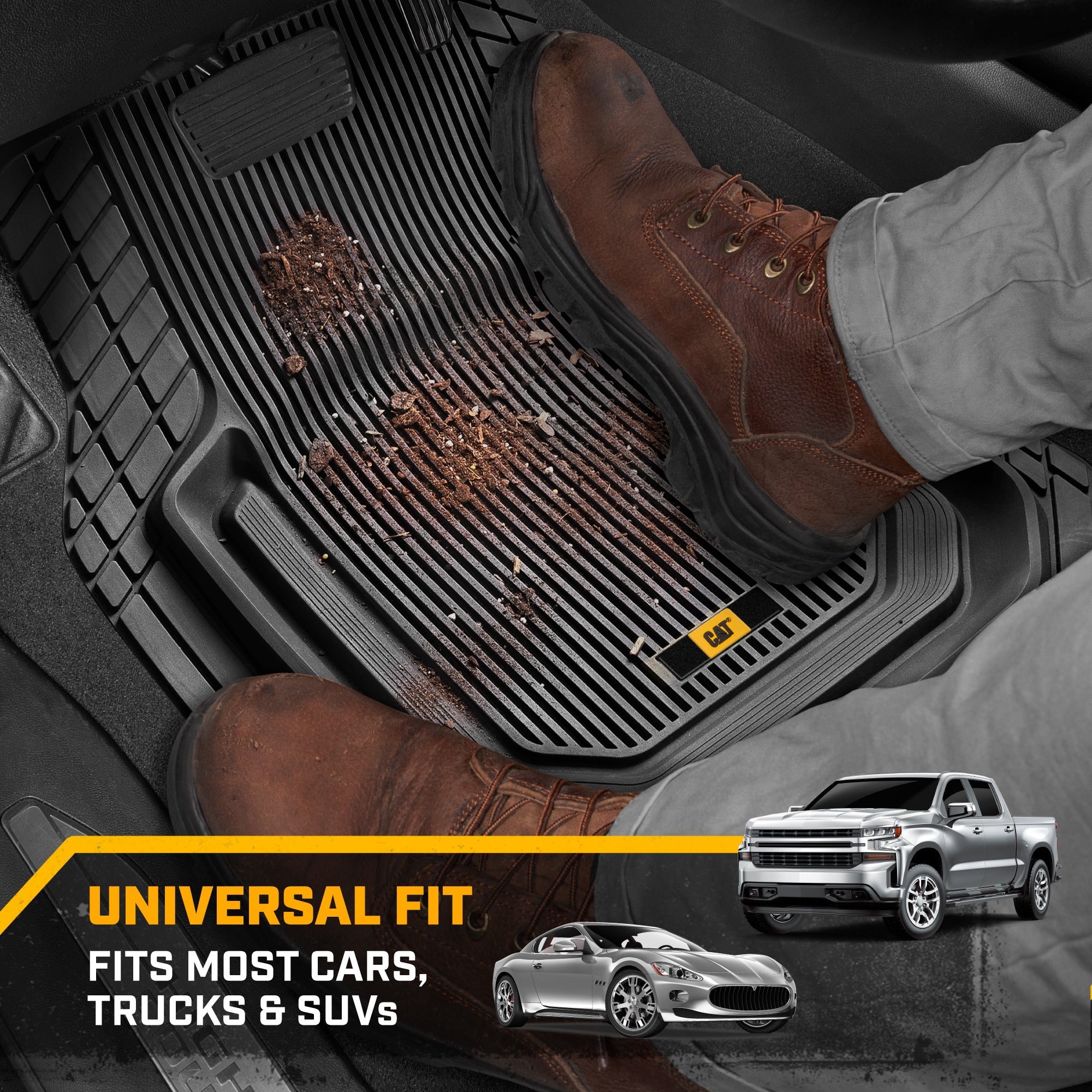 Cat® TerrainGuard™ Heavy-Duty 3-Piece All-Weather Rubber Floor Mats for Car, Truck, SUV, Van - Trim-to-Fit Deep Dish Automotive Floor Liners, Maximum Dirt & Water Protection, Universal Fit, Gray
