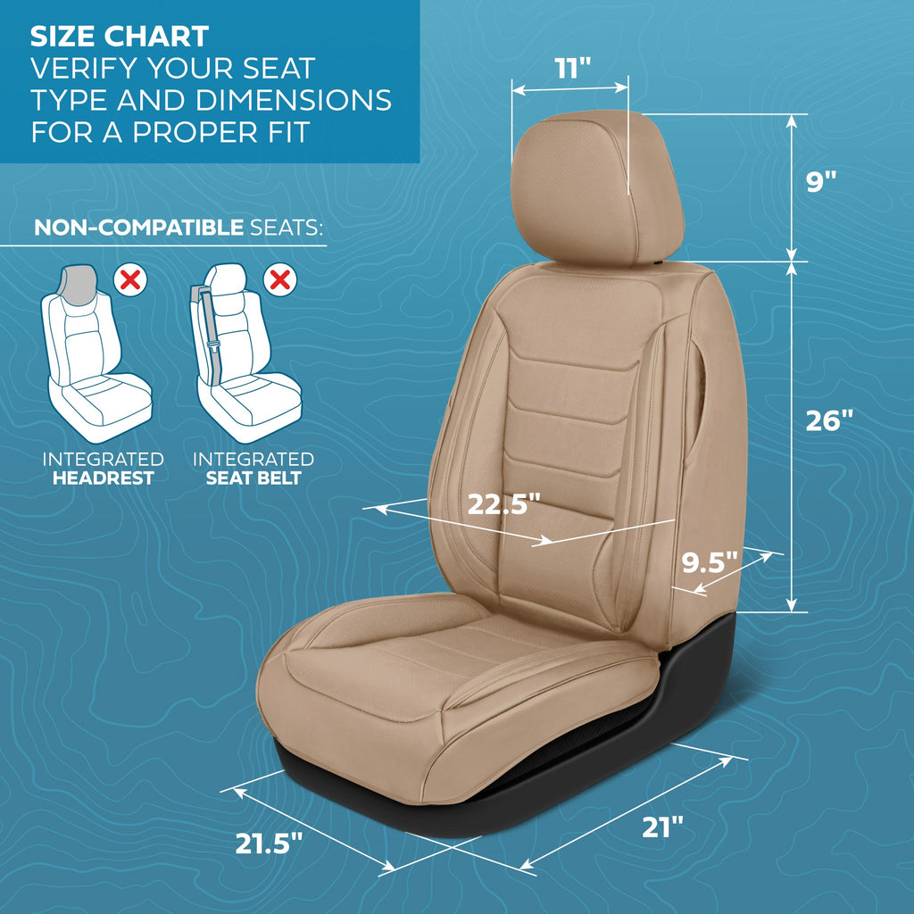 MotorBox Elite Edition Faux Leather Seat Covers for Cars, Trucks, & SUV - 2 Beige Car Seat Covers for Front Seats - Universal Fit Car Accessories Automotive Interior Cover Protector for Most Vehicles