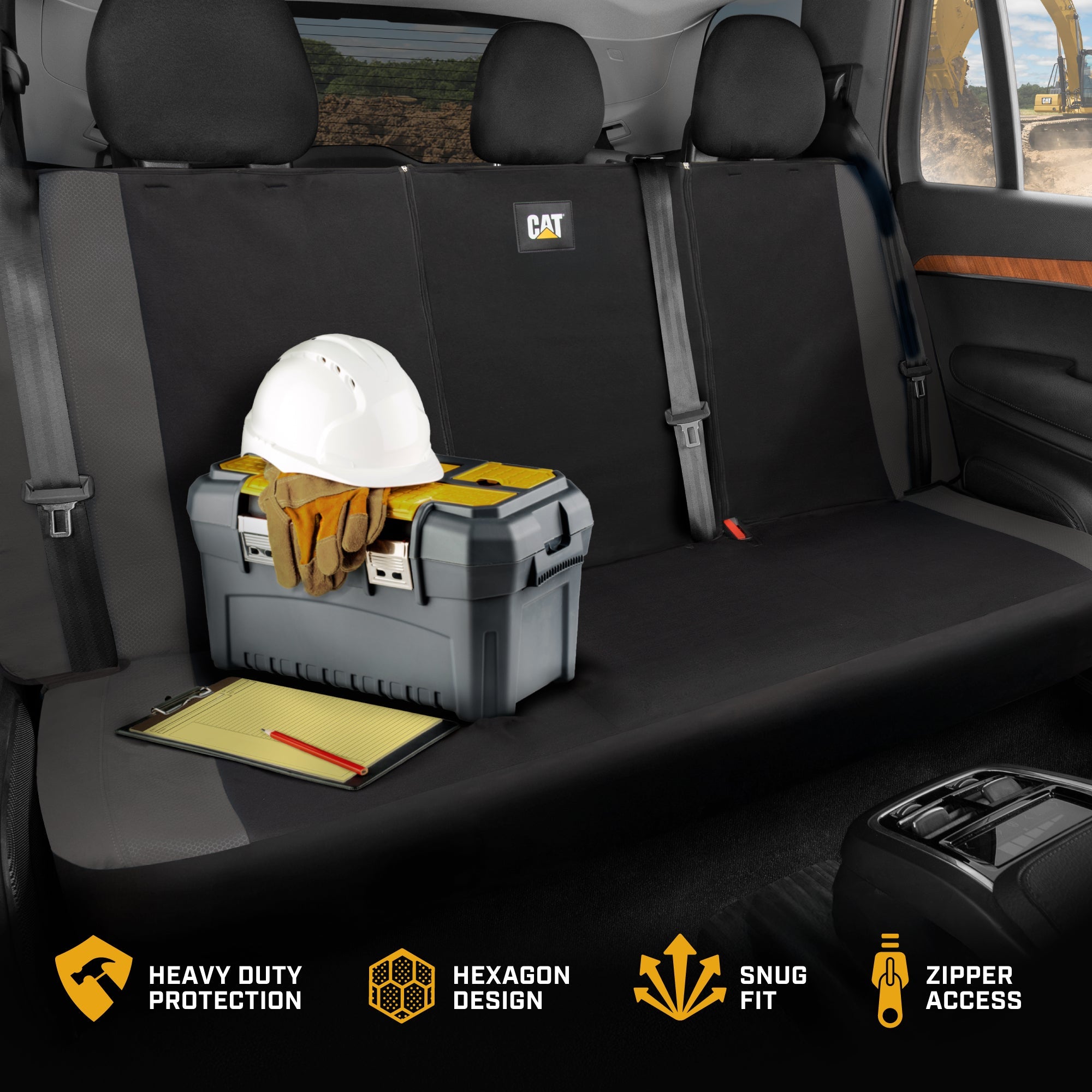 Cat Flexfit Gray Rear Seat Cover for Car – Durable Canvas & Mesh Design 60/40 Split Bench Protector for Cars, Trucks & SUVs – Back Seat Cover for Rear Bench – Interior Car Accessory
