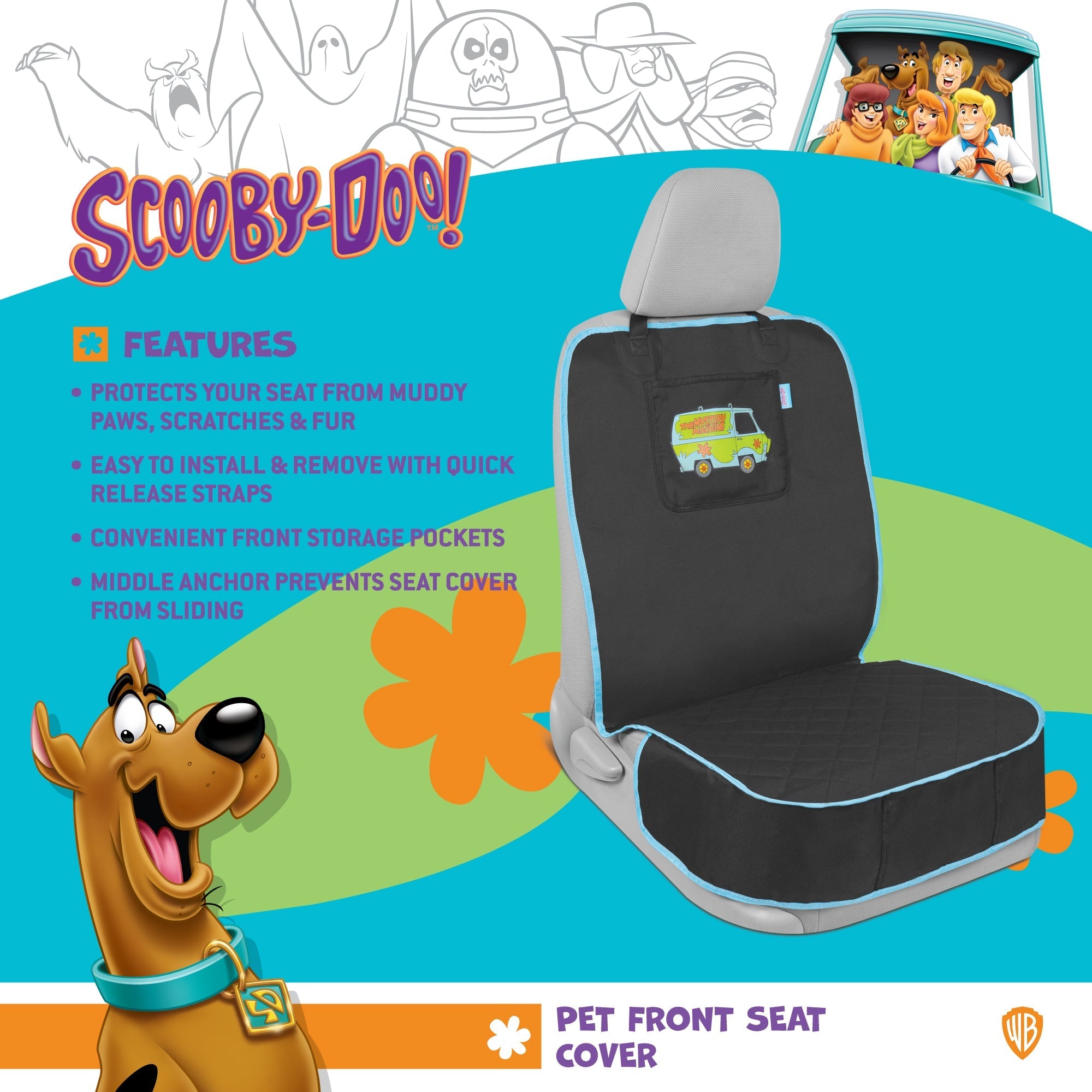 Warner Bros Scooby Doo Mystery Machine Front Seat Cover with Storage Pocket - Heavy Duty
