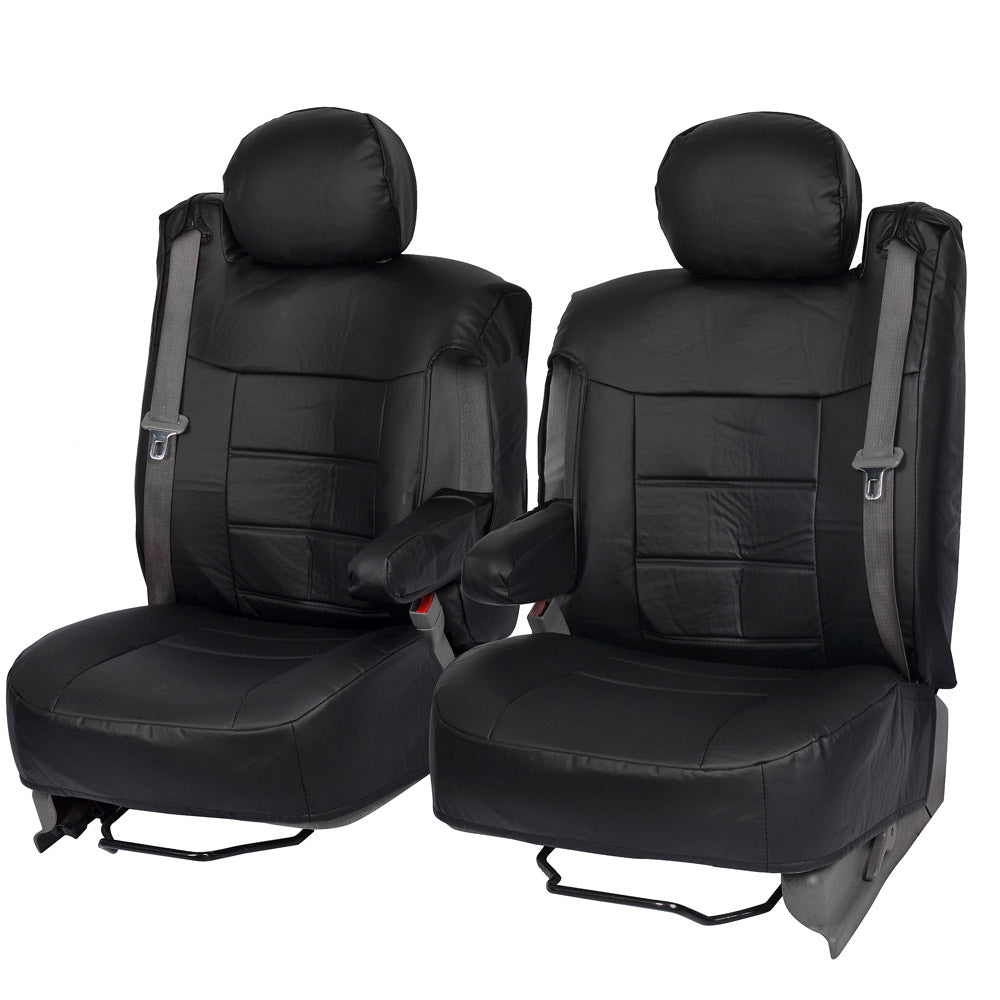 BDK 2-Pack Premium Faux Leather Front Seat Covers with Integrated Seatbelt and Armrest Covers - Black
