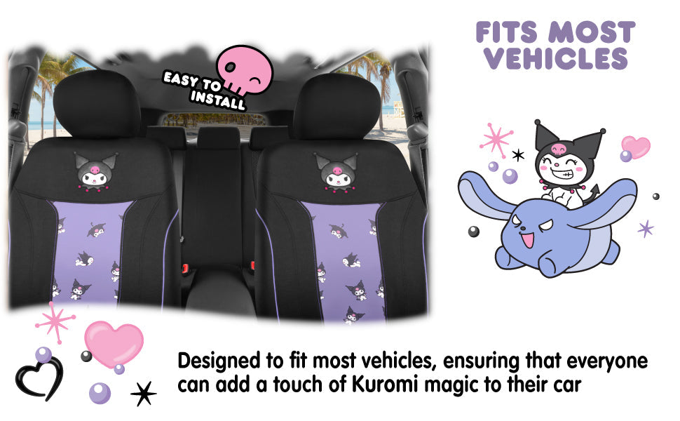 Hello Kitty Kuromi Car Seat Covers - Cute Black and Purple Front Seat Covers with Lavender Accents, Durable and Comfortable Polyester, Car Accessories Hello Kitty Accessories 2pc