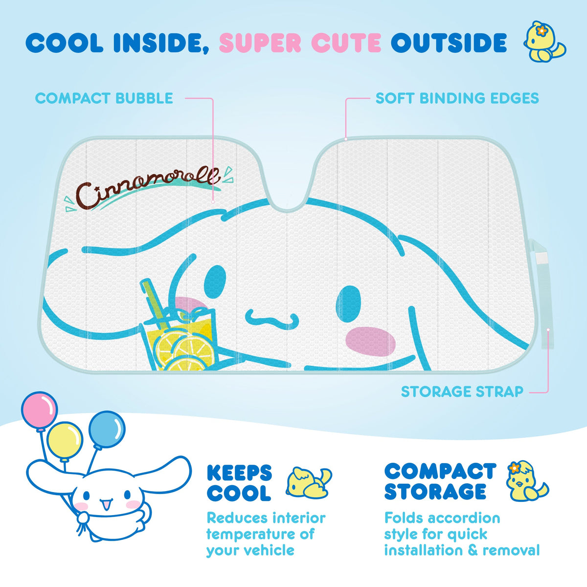 Carbella Sanrio Cinnamoroll Lemon Chill Front Windshield Sunshade (58" x 28")