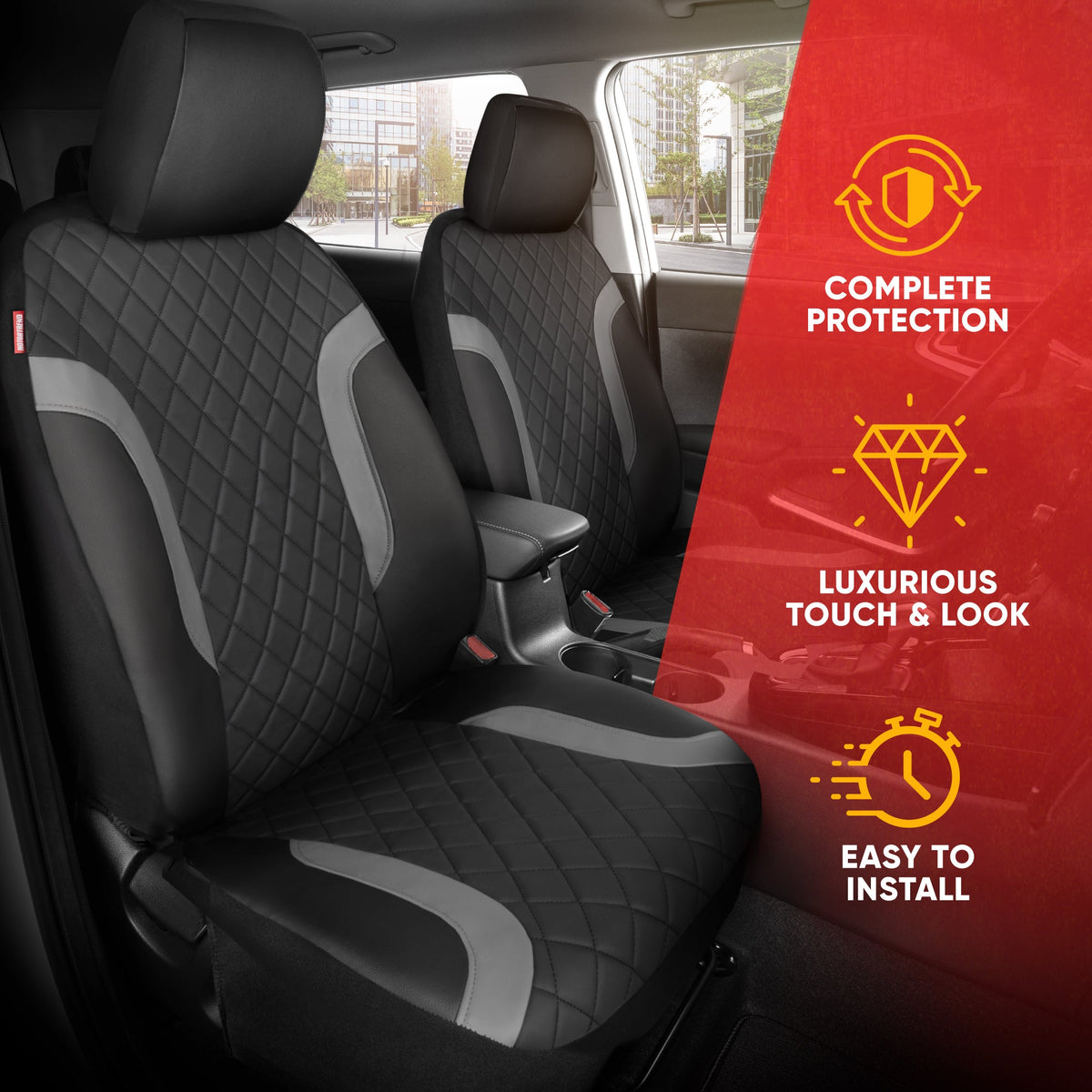 Motor Trend Faux Leather Seat Covers For Trucks, Cars, & SUV - Front Black & Gray Car Seat Cover Set - Universal Fit For Most Automotives - Forros Para Asientos De Carro - CarSeat Covers Accessories