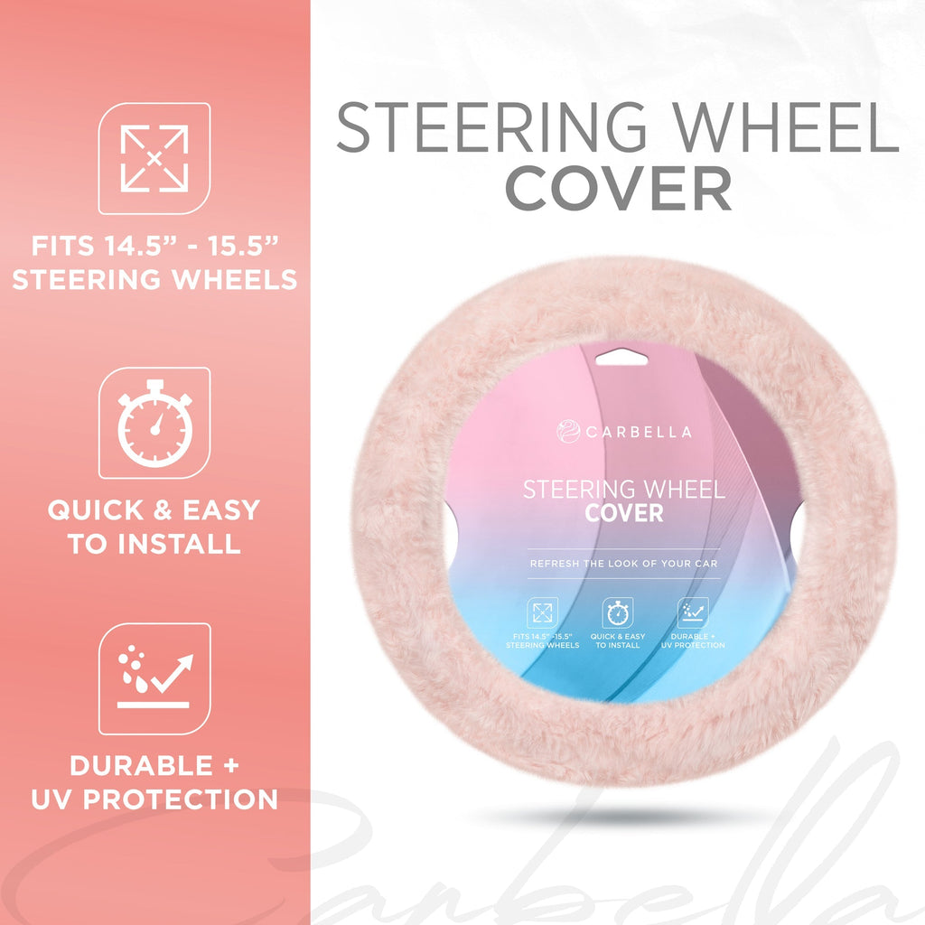 Carbella Soft Pink Fuzzy Steering Wheel Cover, Standard 15 Inch Size Fits Most Vehicles, Cute Faux Fur Car Steering Cover with Soft Fluffy Furry Touch, Car Accessories for Women