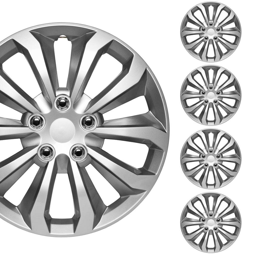 BDK 4-Pack Premium 16" Silver and Gunmetal Universal Fit Hubcap Covers for Wheels and Rims (10 spokes) - Replacement, Snap On, OEM Style