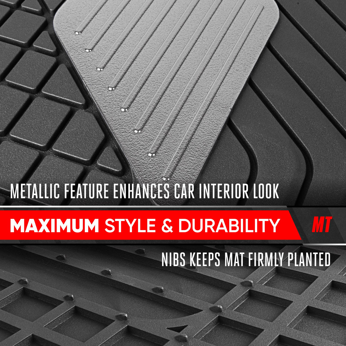 Motor Trend MetallicGuard Car Floor Mats Full Set - Durable Rubber Floor Mats with Silver Metallic Heel Pad, All-Weather Interior Protection for Front and Rear with Non-Slip Backing --Alias 638721182349977102
