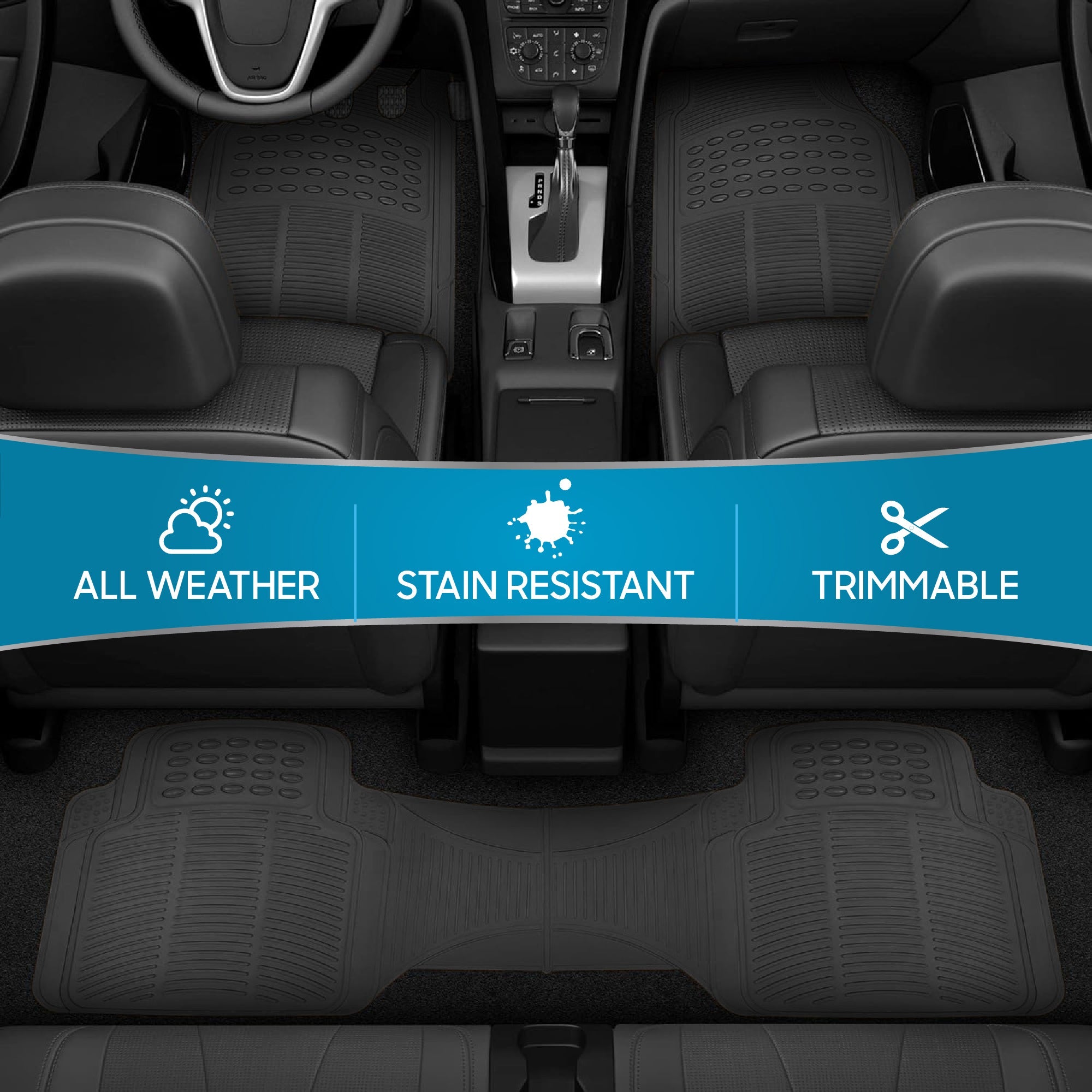 BDK 3-Piece ProLiner Front Floor Mats and Rear Floor Mats - Heavy Duty, All Weather, Trim to Fit