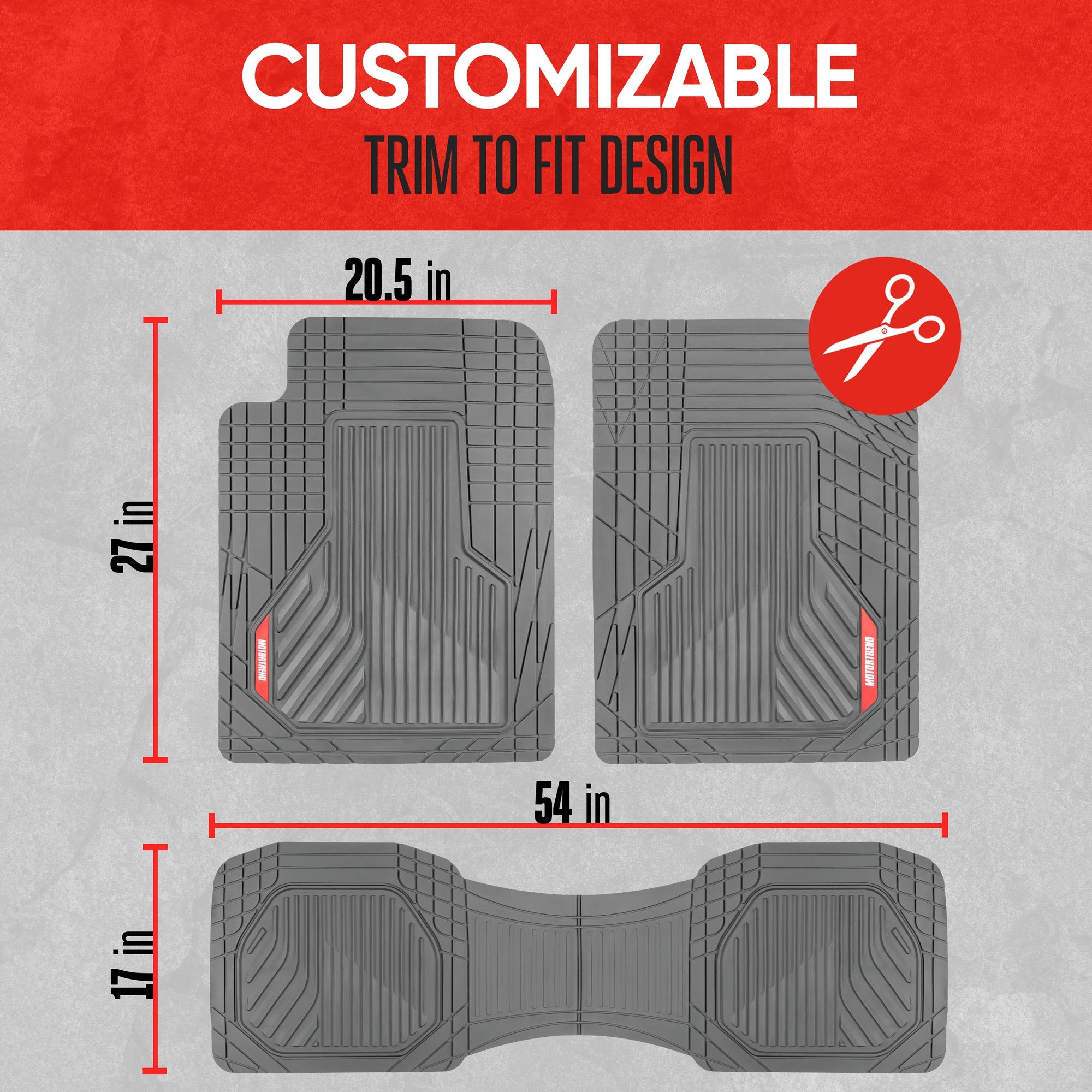 MotorTrend 3-Piece Raised Ridge Multi-Channel Front Floor Mats and Rear Floor Mat - Heavy Duty, All Weather, Trim to Fit