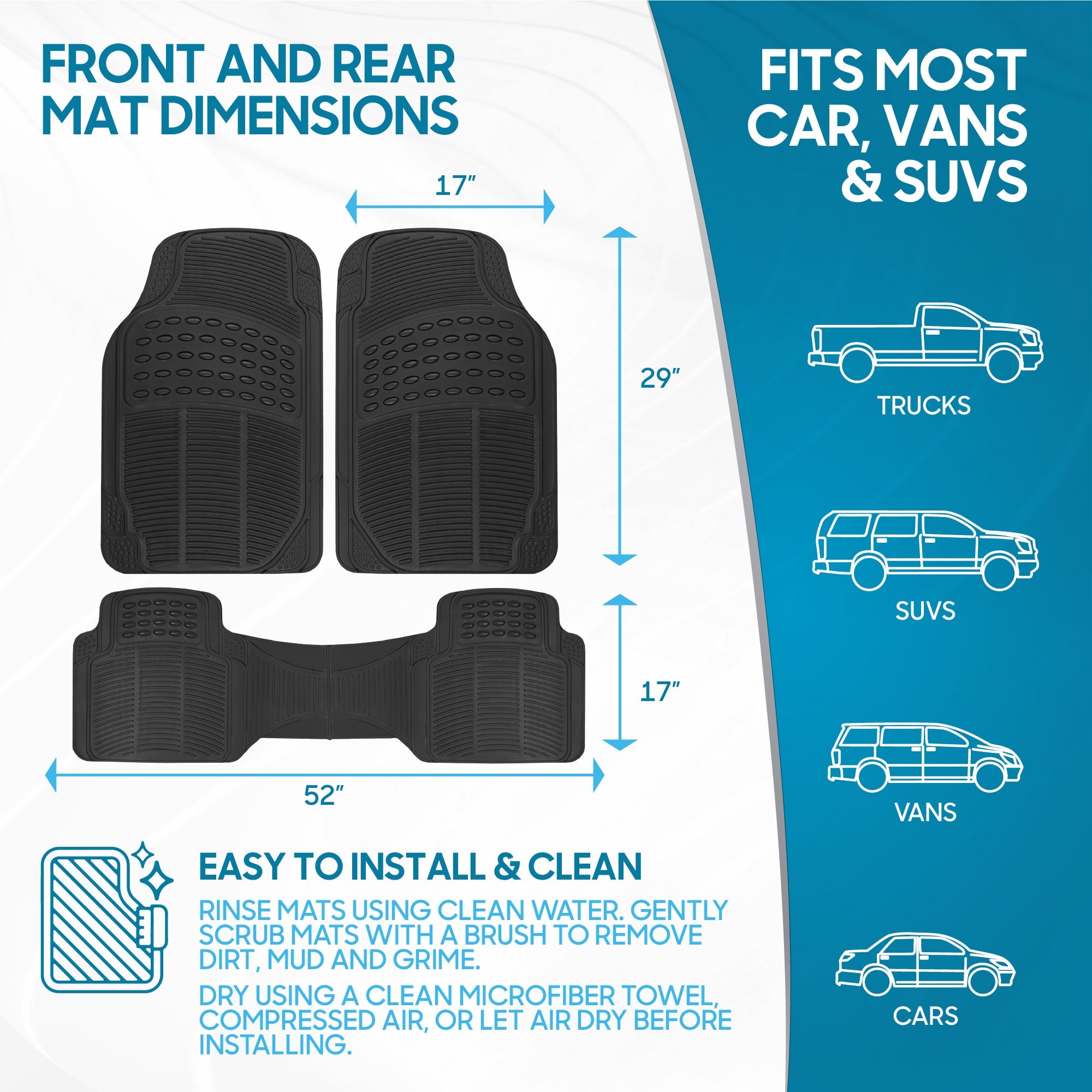 BDK 3-Piece ProLiner Front Floor Mats and Rear Floor Mats - Heavy Duty, All Weather, Trim to Fit